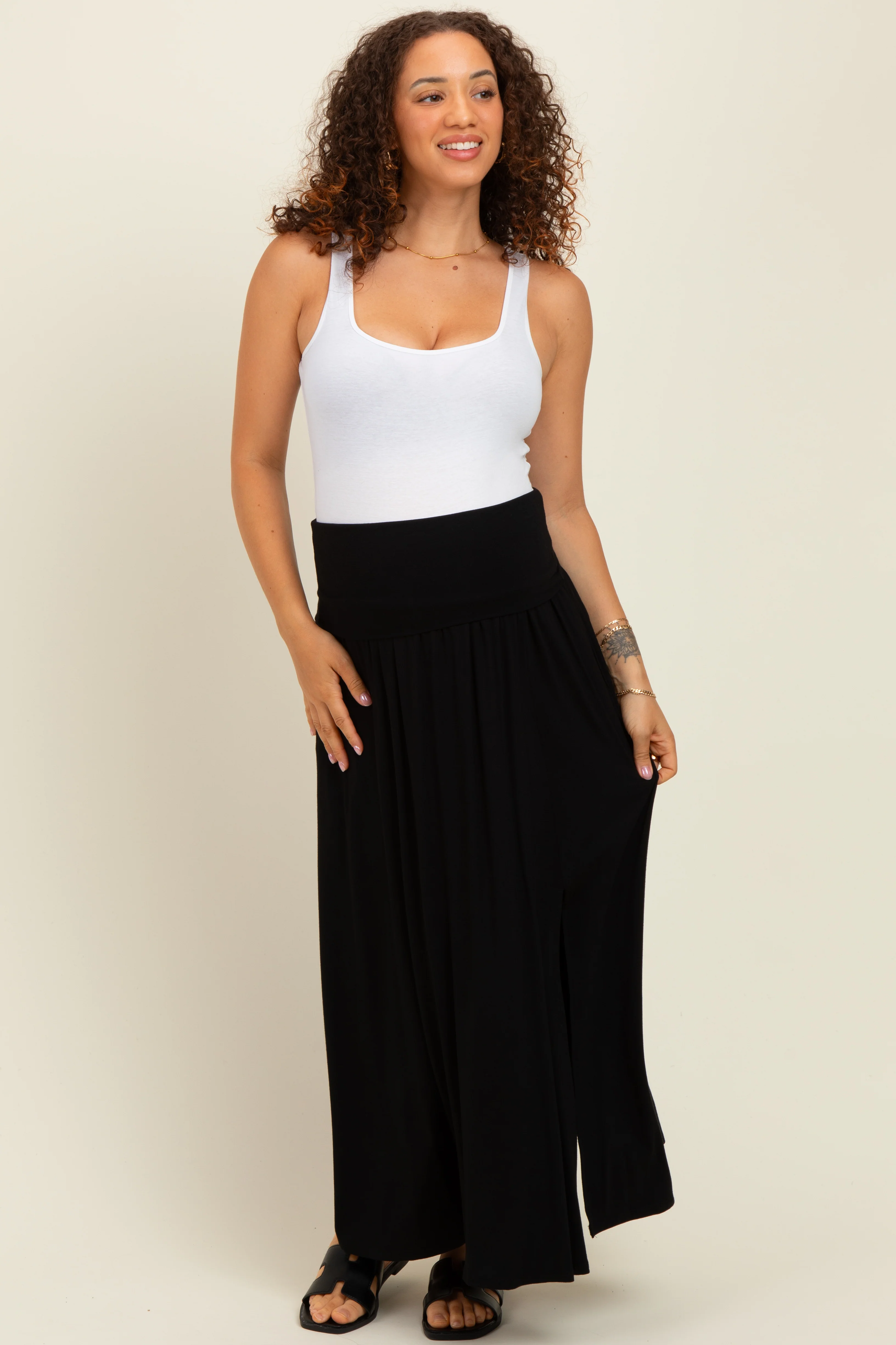 Black Foldover Waist Side Slit Maternity Maxi Skirt - Image 2
