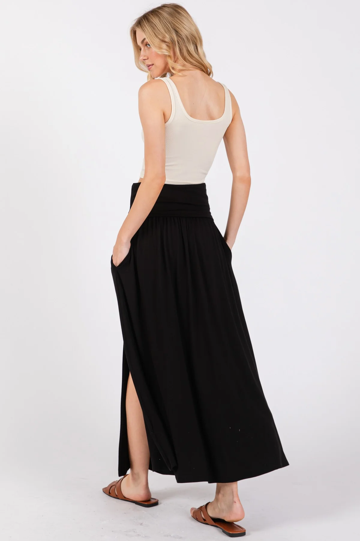 Black Foldover Waist Side Slit Maxi Skirt - Image 3