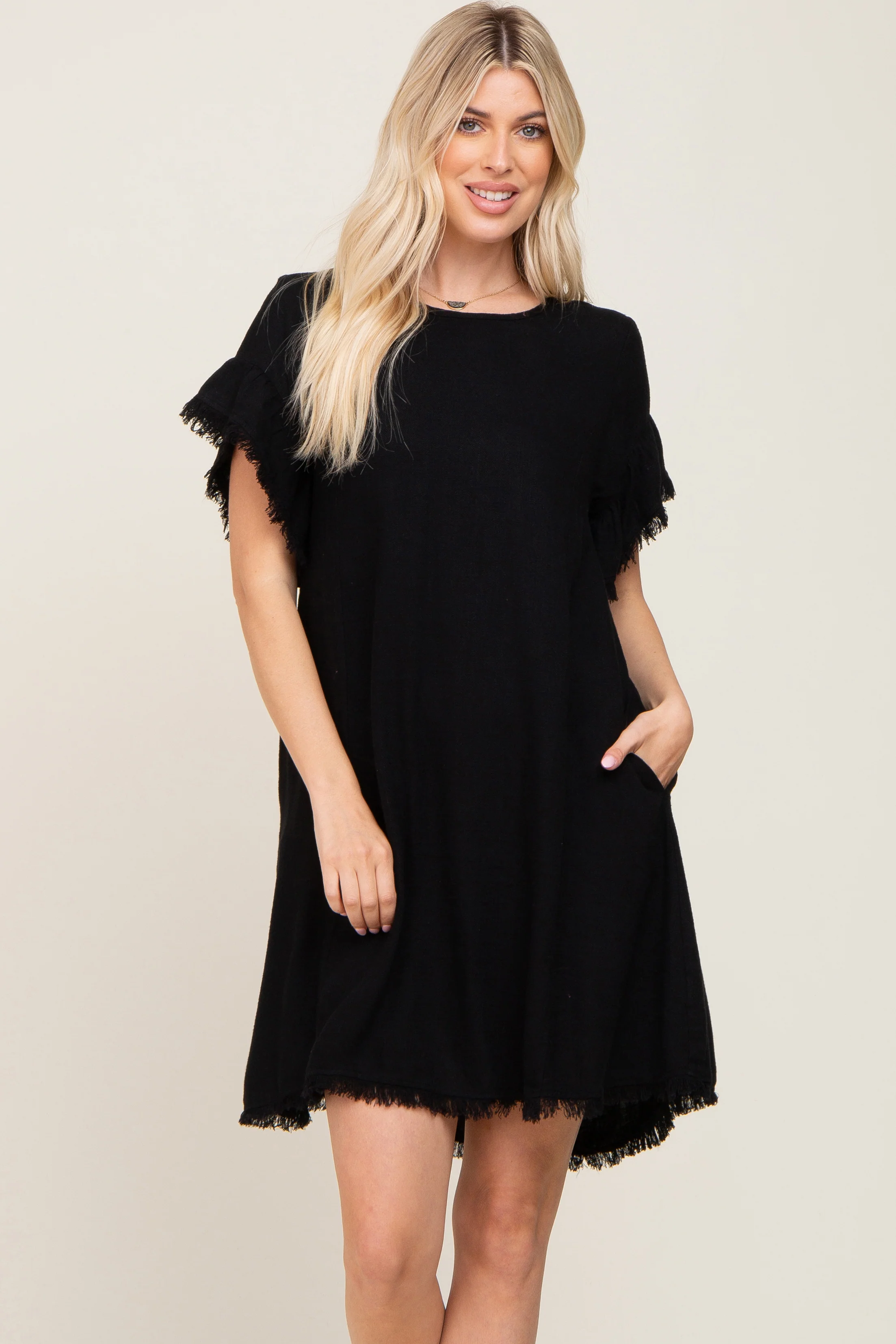 Black Frayed Trim Back Keyhole Linen Dress - Image 2