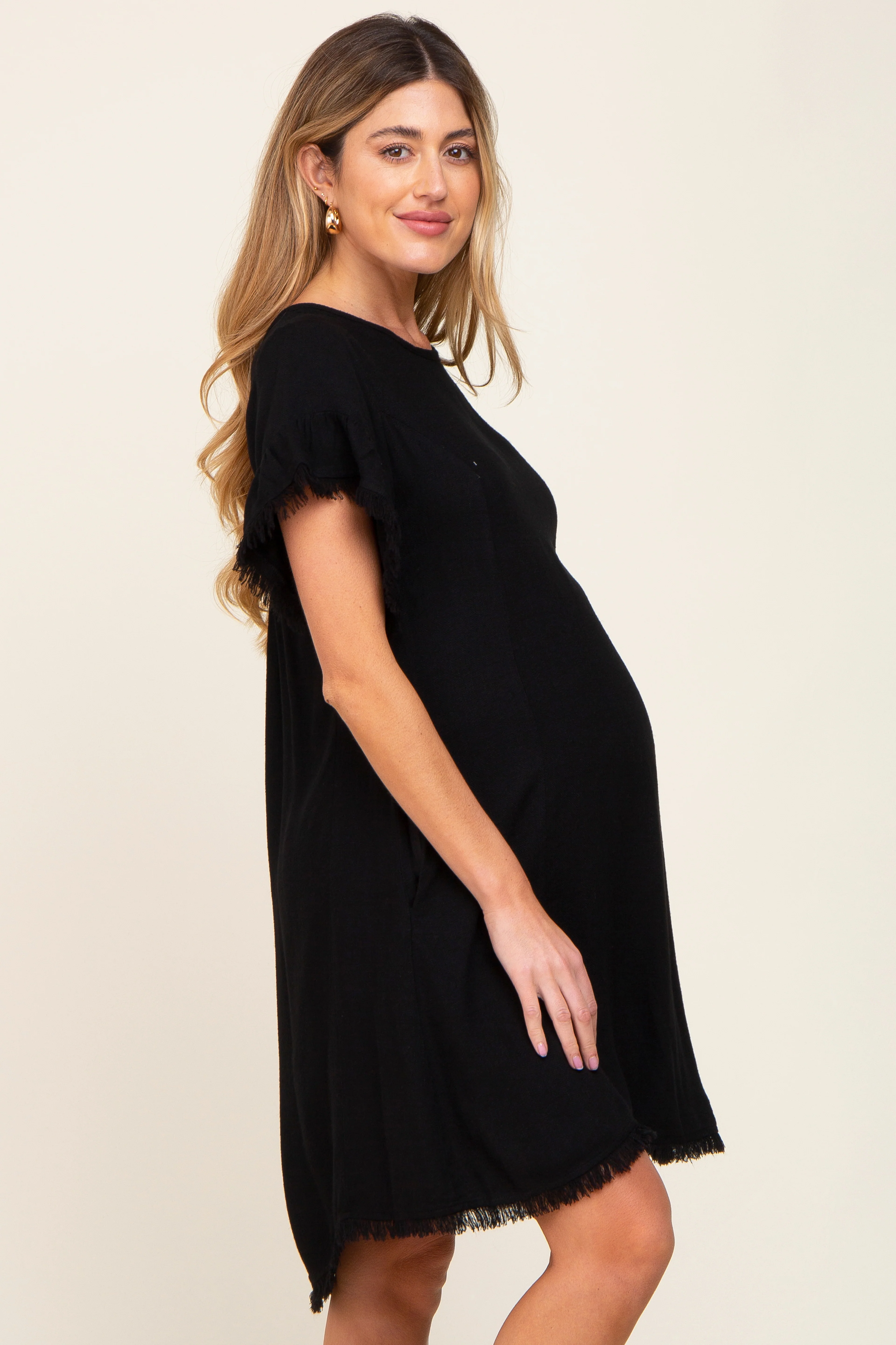 Black Frayed Trim Back Keyhole Linen Maternity Dress - Image 3