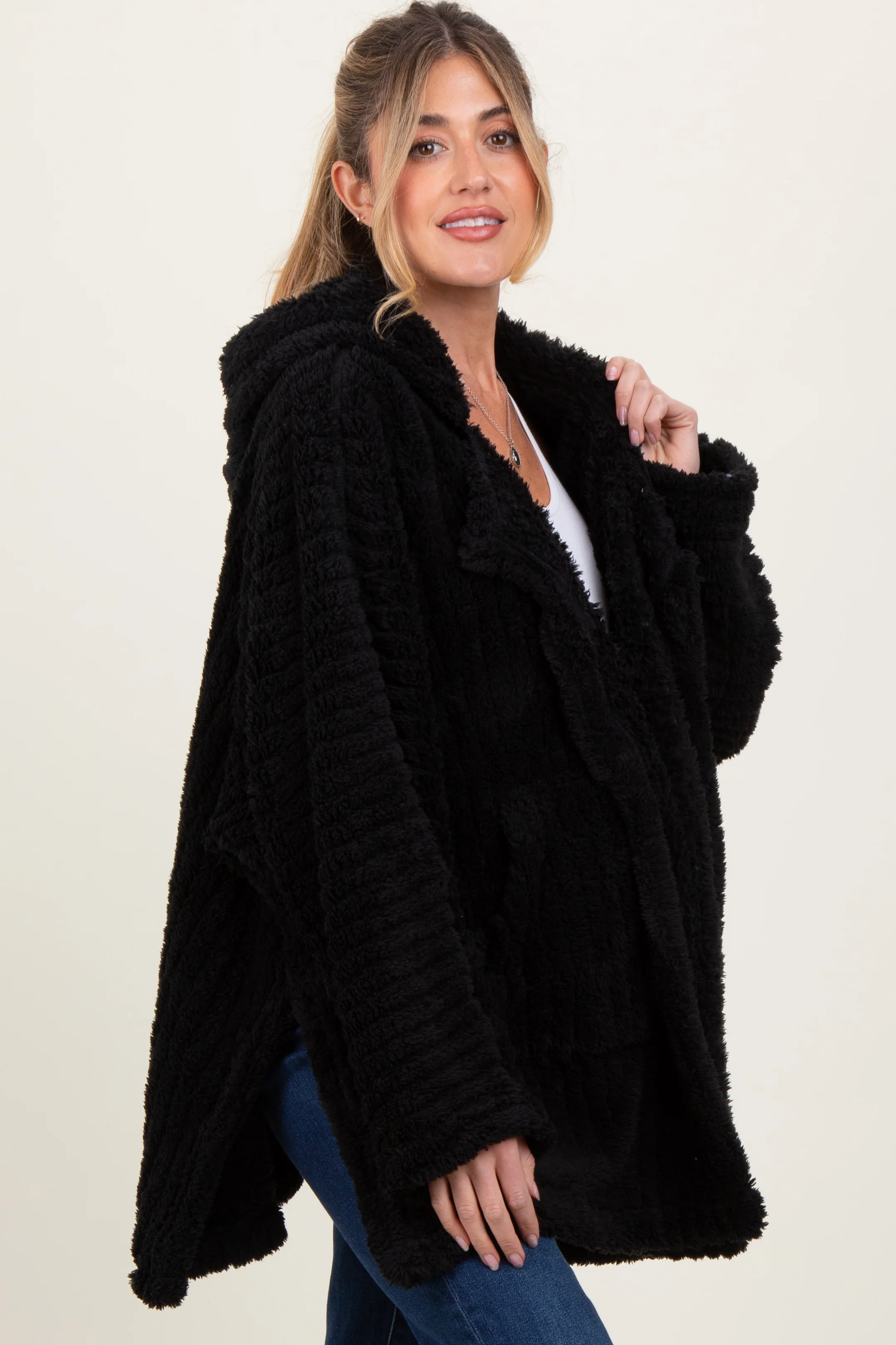 Black Fuzzy Slit Hem Hooded Maternity Cardigan - Image 4