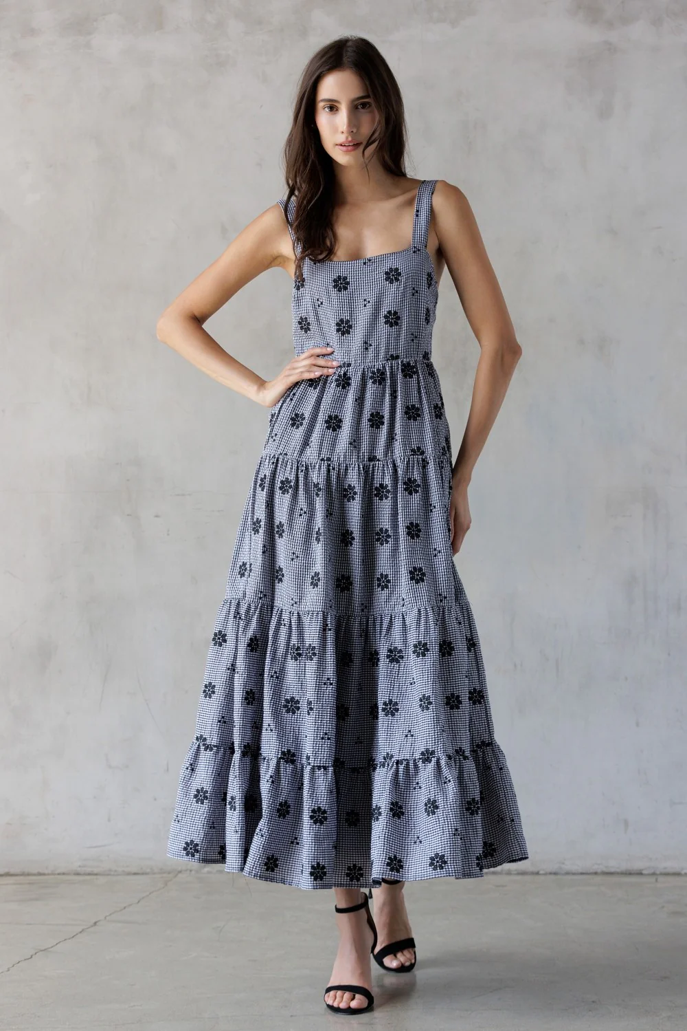 Black Gingham Floral Embroidered Maxi Dress - Image 2