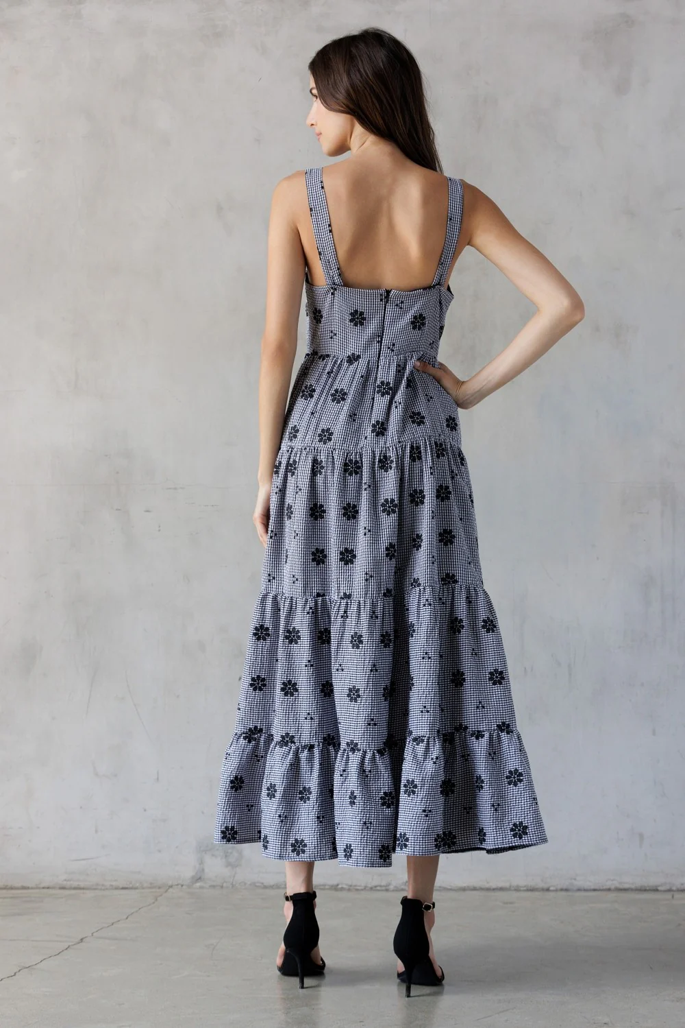 Black Gingham Floral Embroidered Maxi Dress - Image 5