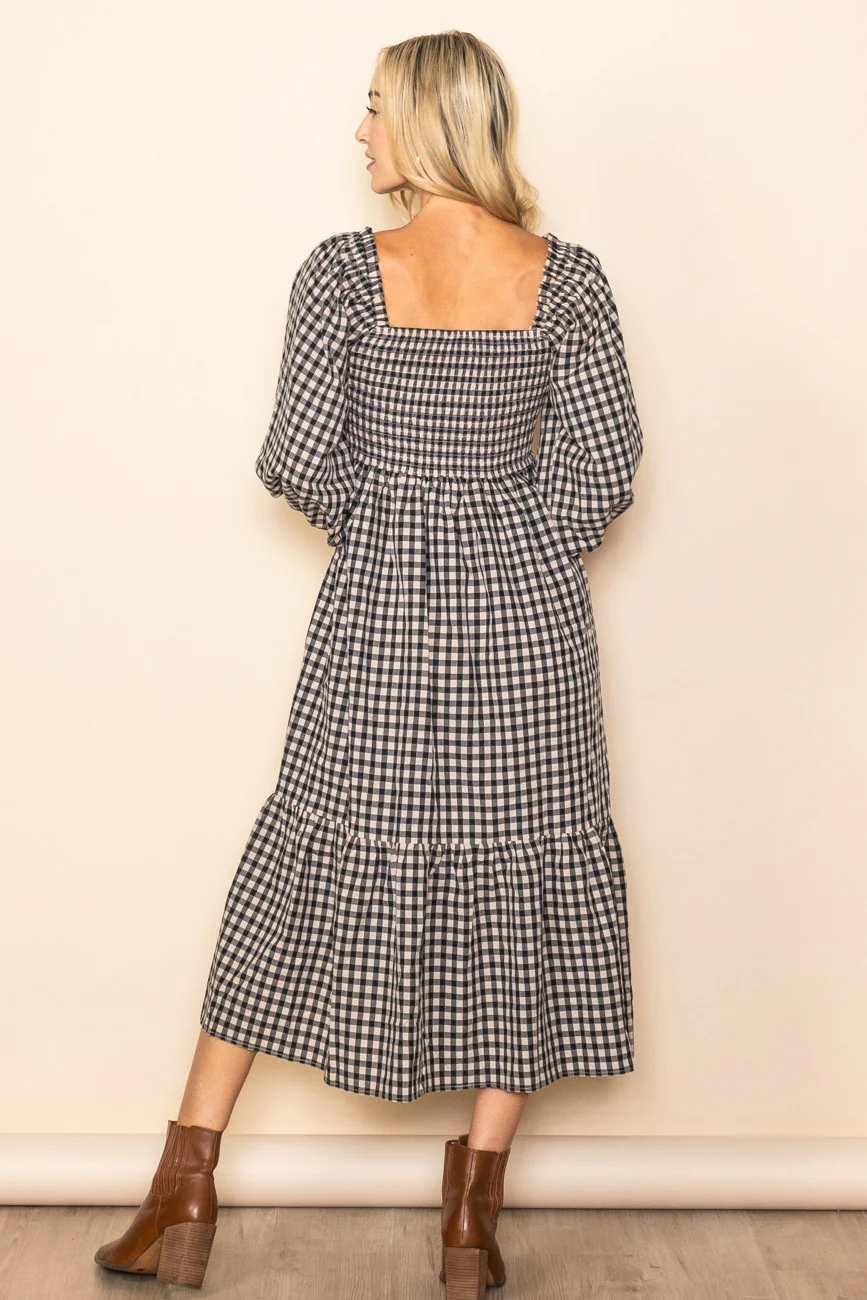 Black Gingham Long Sleeve Midi Dress - Image 4