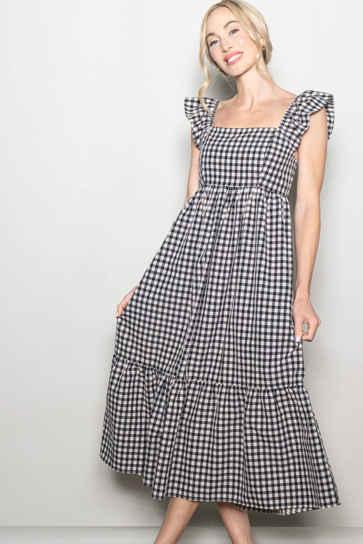 Black Gingham Ruffle Strap Maternity Midi Dress - Image 4
