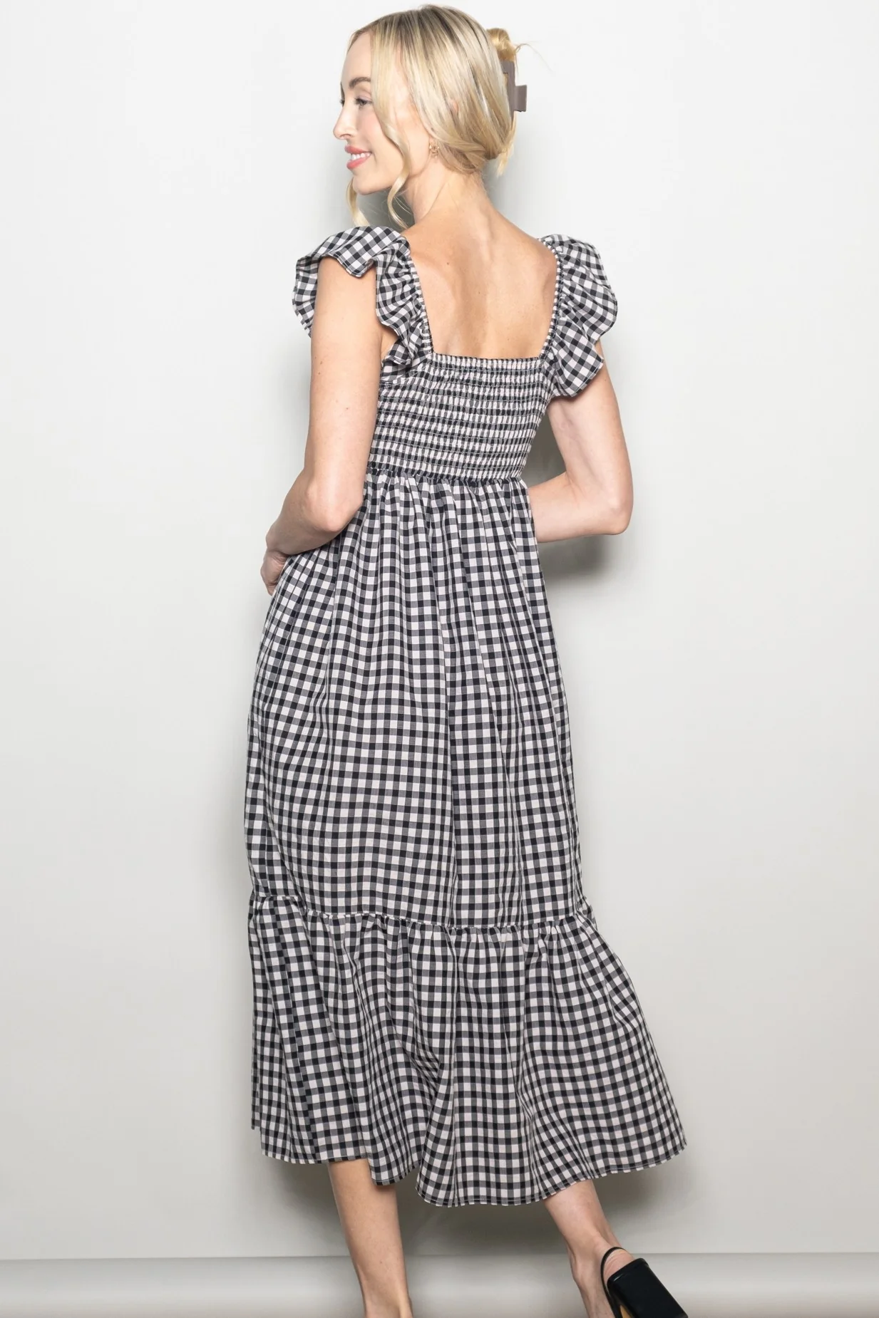 Black Gingham Ruffle Strap Midi Dress - Image 3