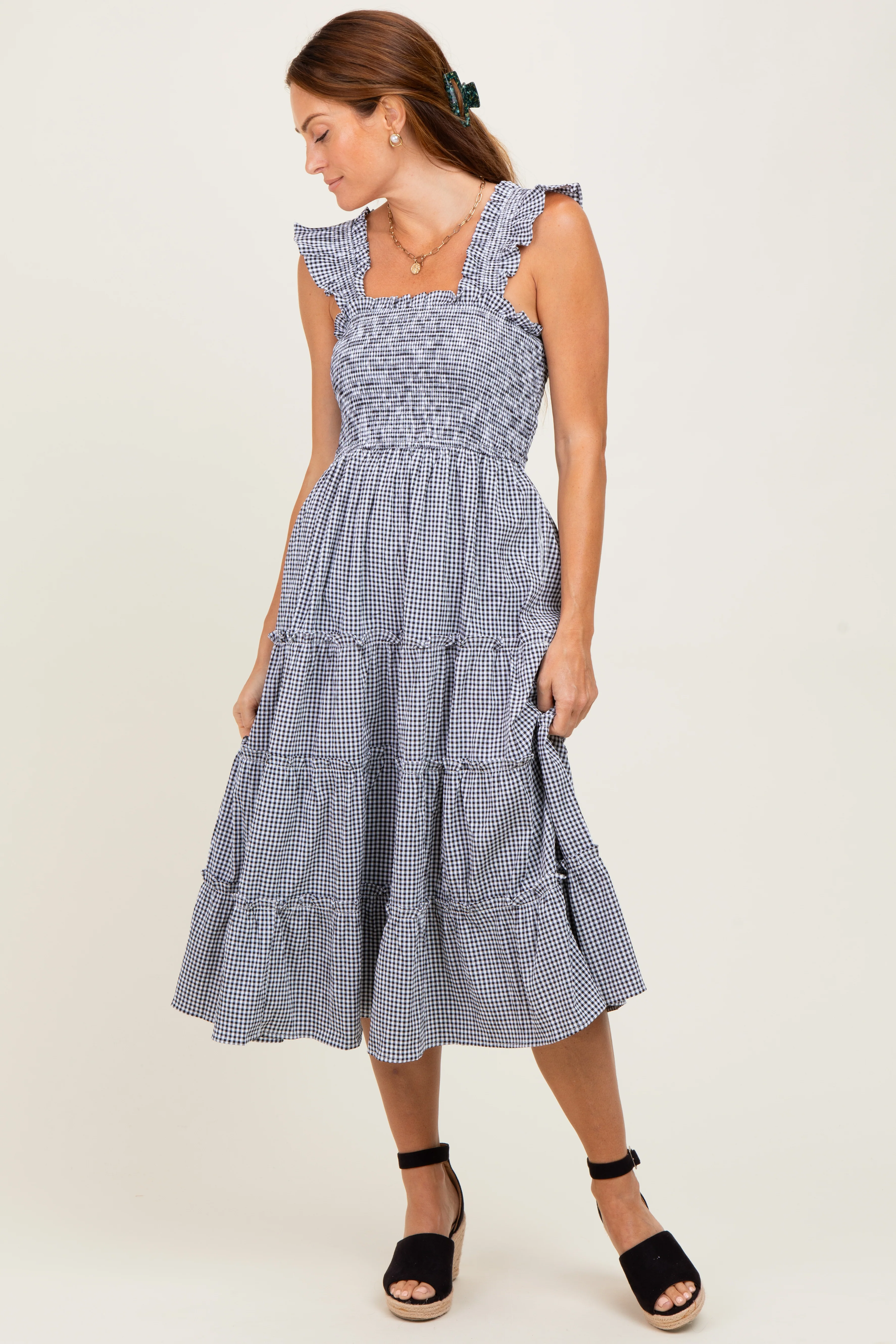 Black Gingham Ruffle Tiered Midi Dress - Image 2