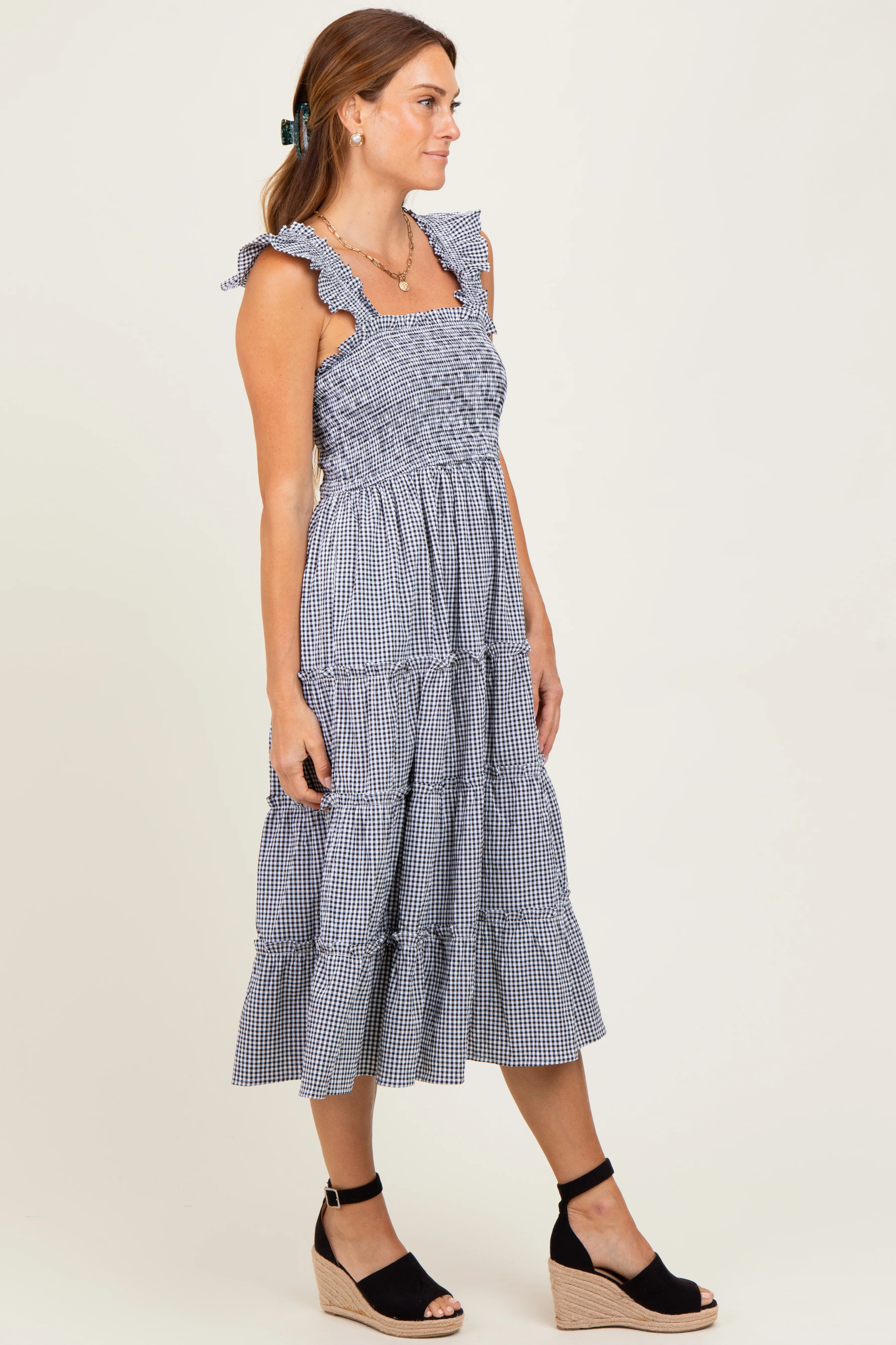 Black Gingham Ruffle Tiered Midi Dress - Image 3