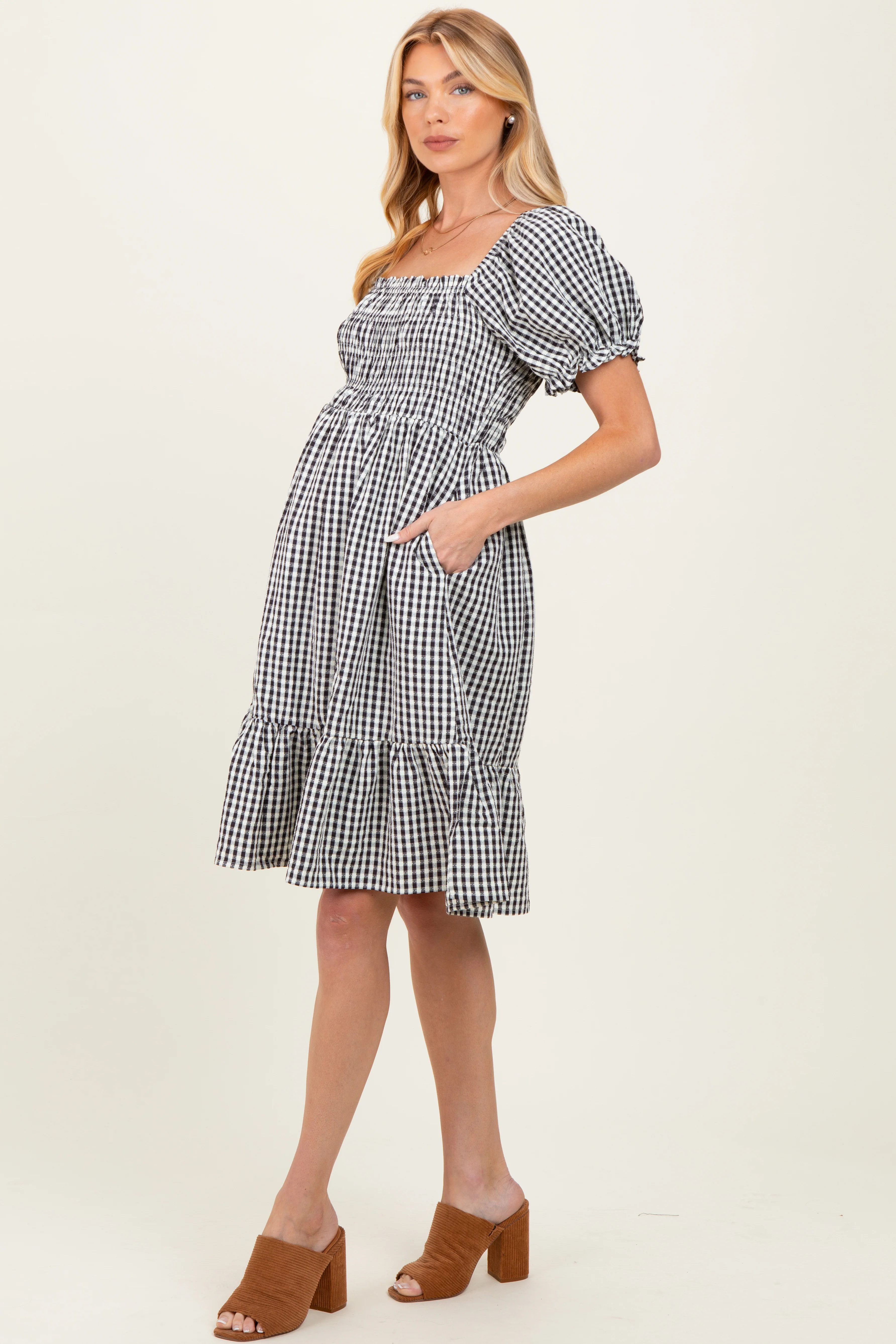 Black Gingham Smocked Puff Sleeve Maternity Dress - Image 3