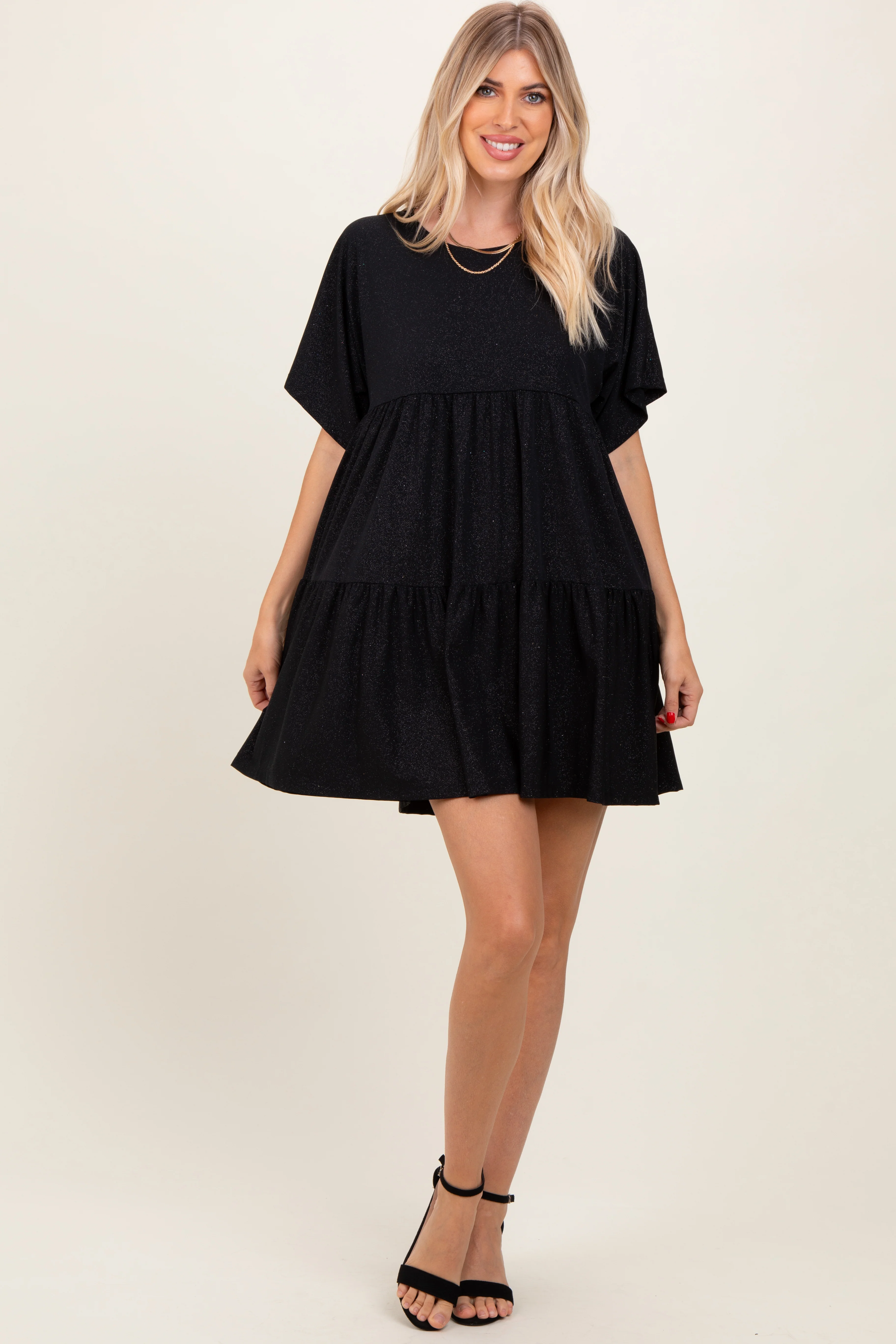 Black Glitter Flutter Sleeve Tiered Dress - Image 2