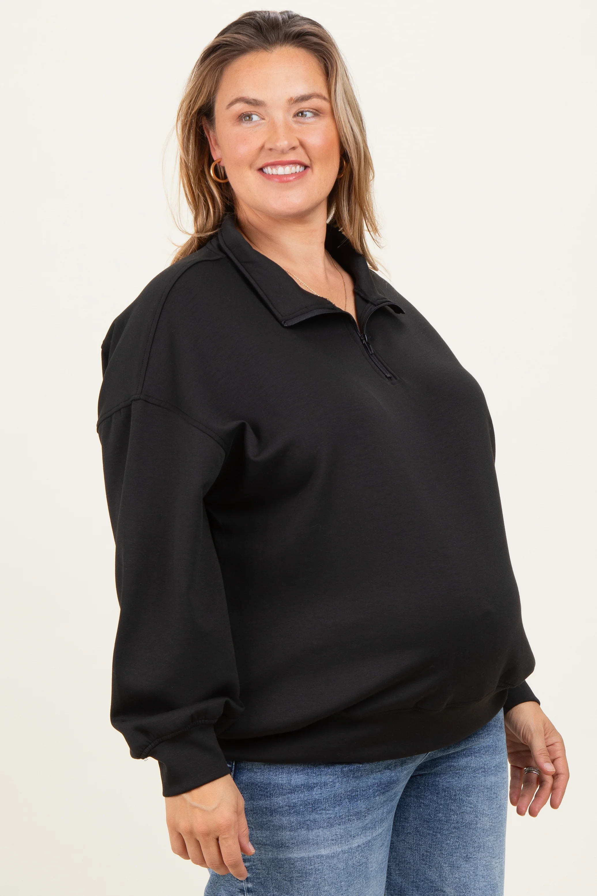 Black Half Zip Maternity Plus Pullover - Image 3