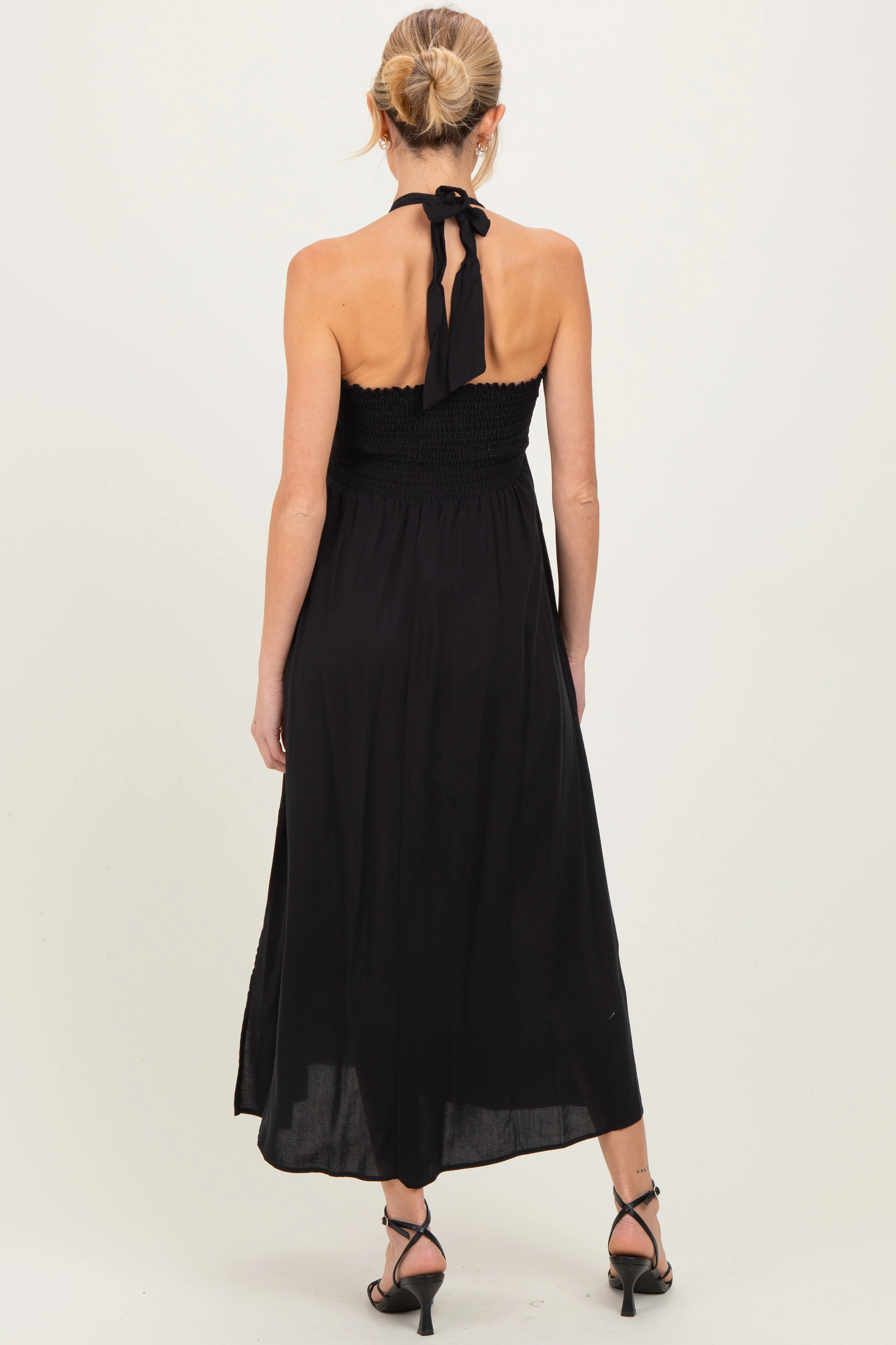 Black Halter Neck Side Slit Maternity Midi Dress - Image 3