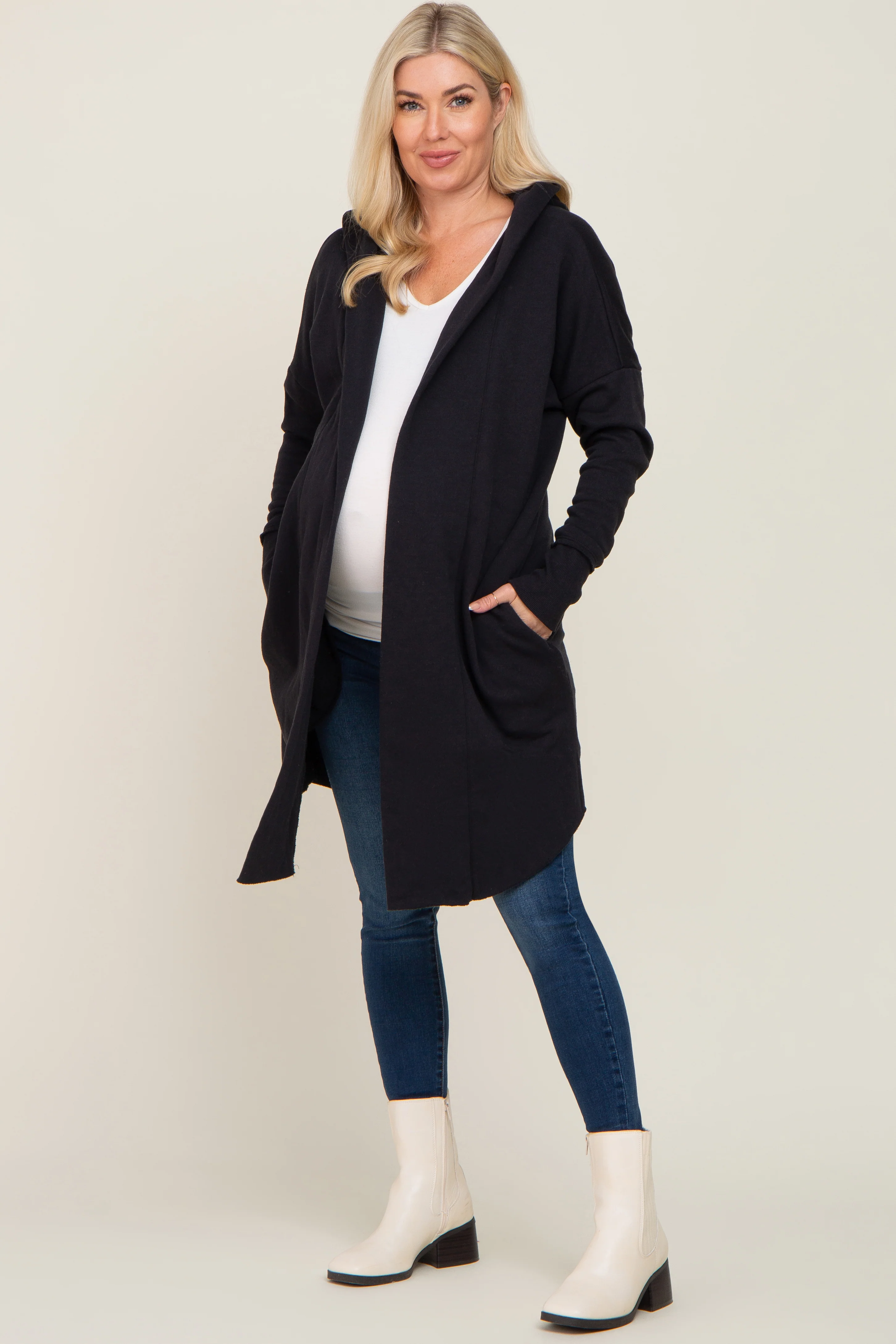 Black Hooded Long Maternity Cardigan - Image 4
