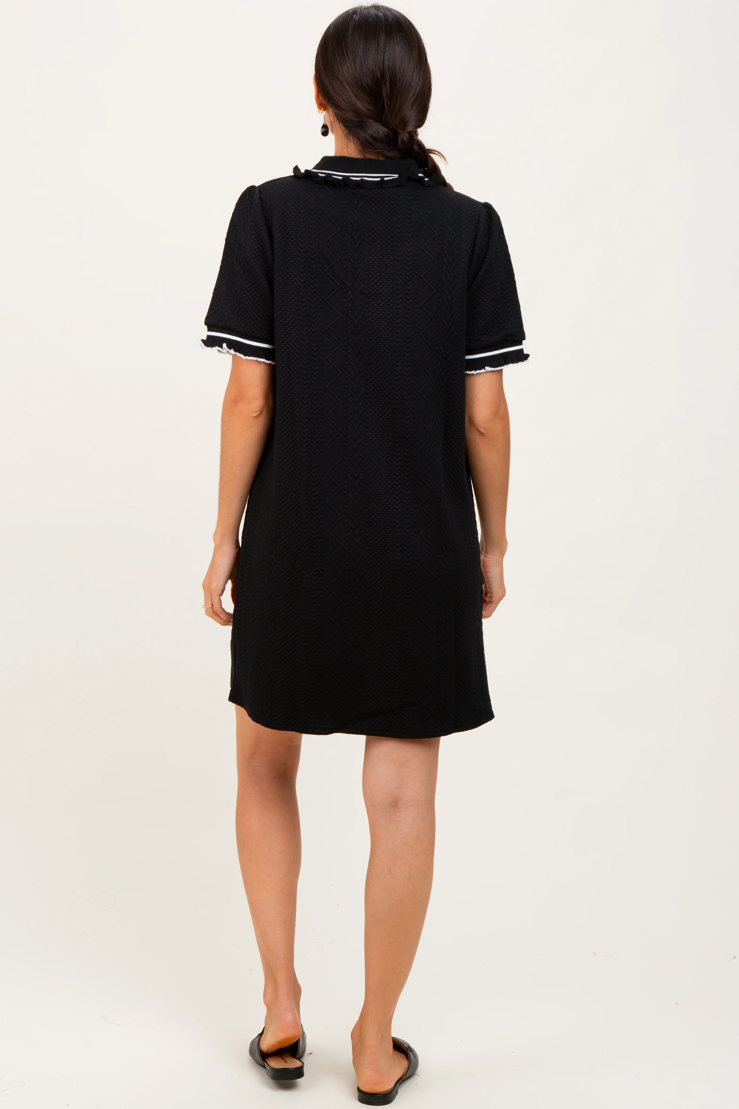 Black Jacquard Ruffle Accent Polo Dress - Image 4