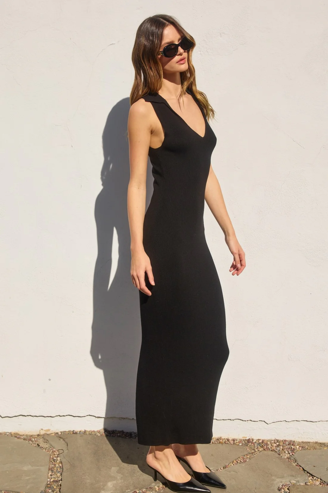 Black Knit Collared Deep V-Neck Maxi Dress - Image 3