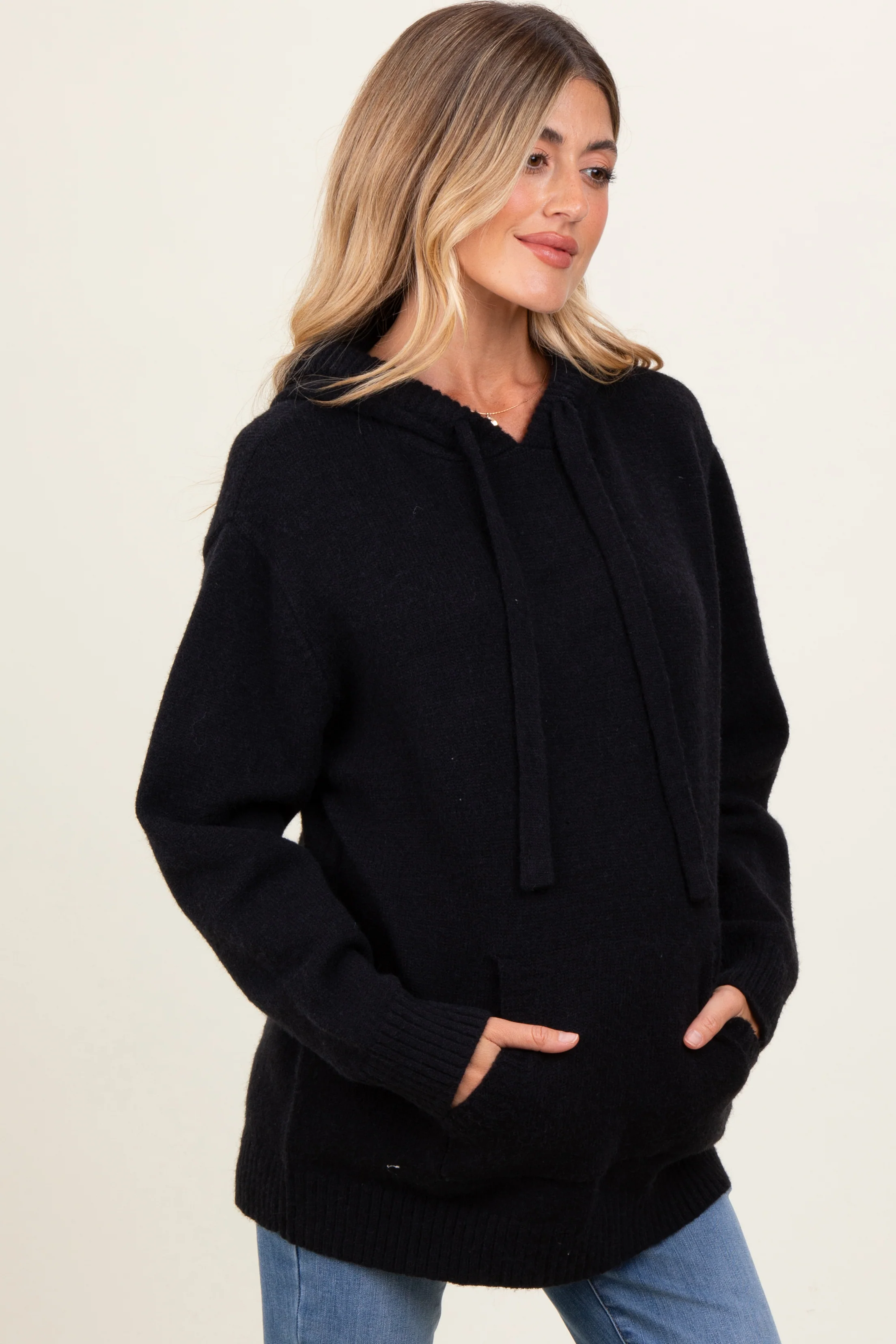 Black Knit Front Pocket Hooded Maternity Sweater - Image 3