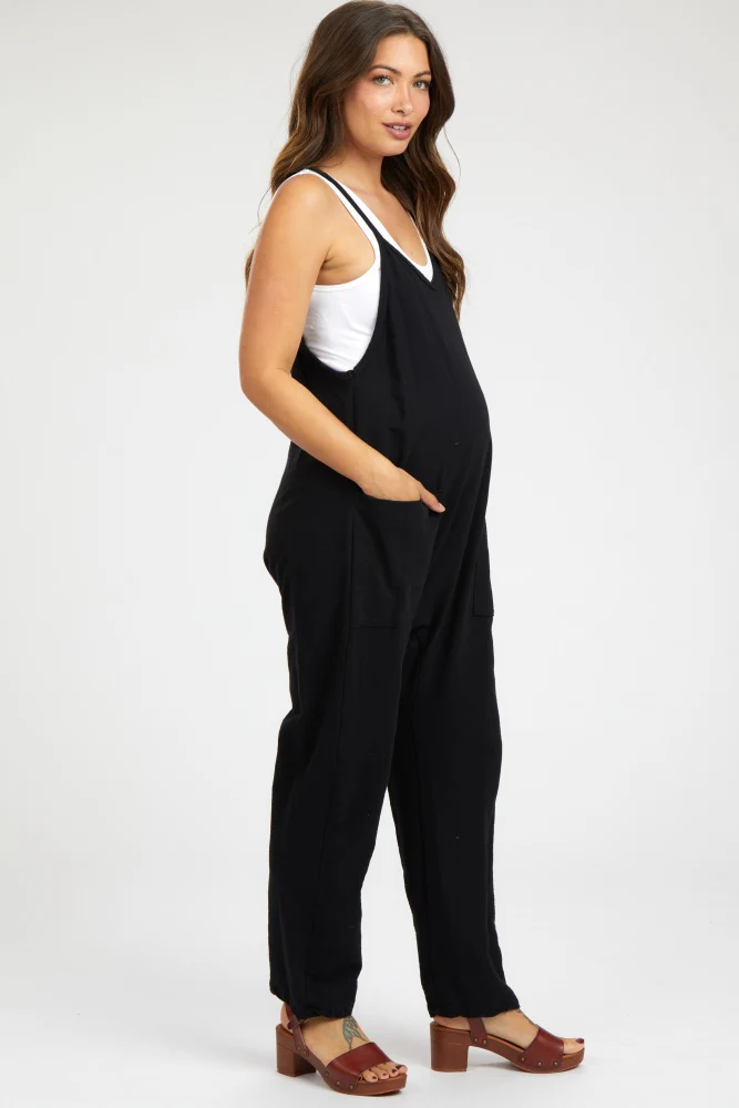 Black Knit Front Pocket Maternity Overall - Image 3