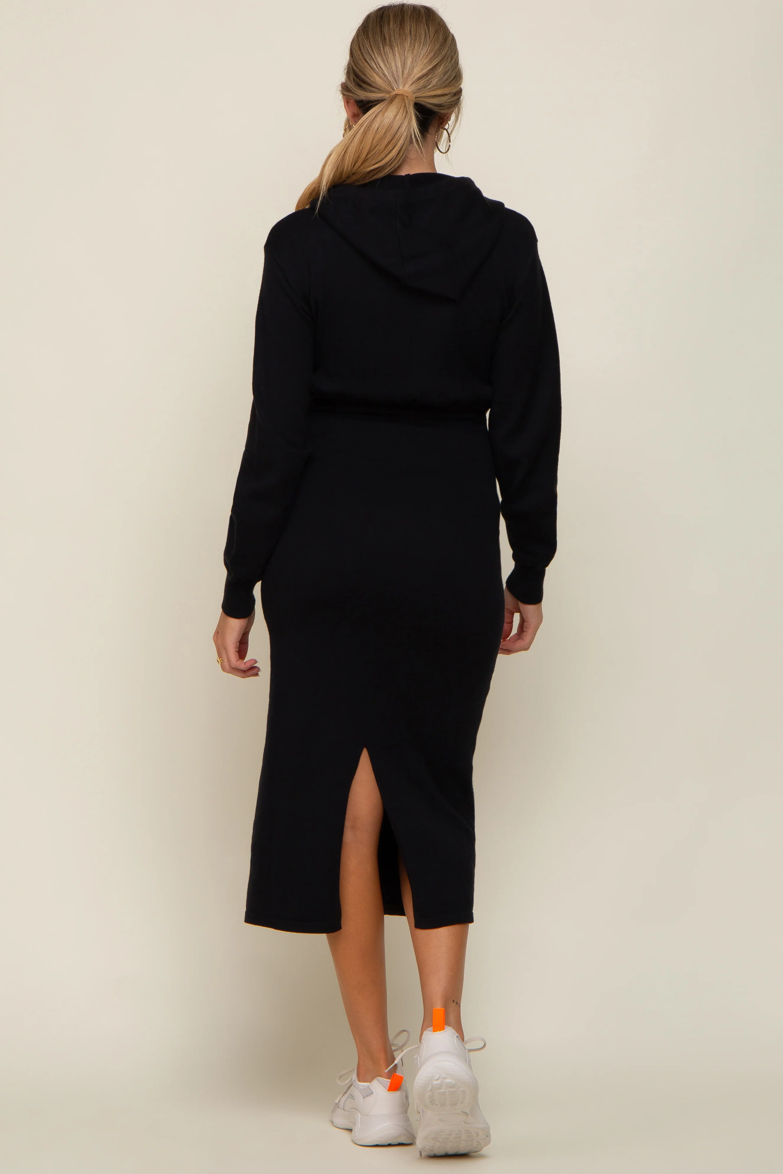 Black Knit Hooded Long Sleeve Maternity Dress - Image 3