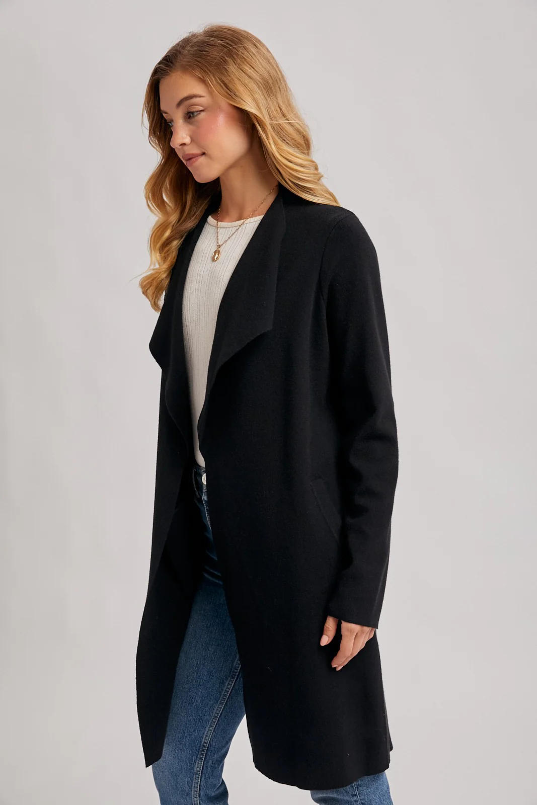 Black Knit Open Front Long Cardigan - Image 3