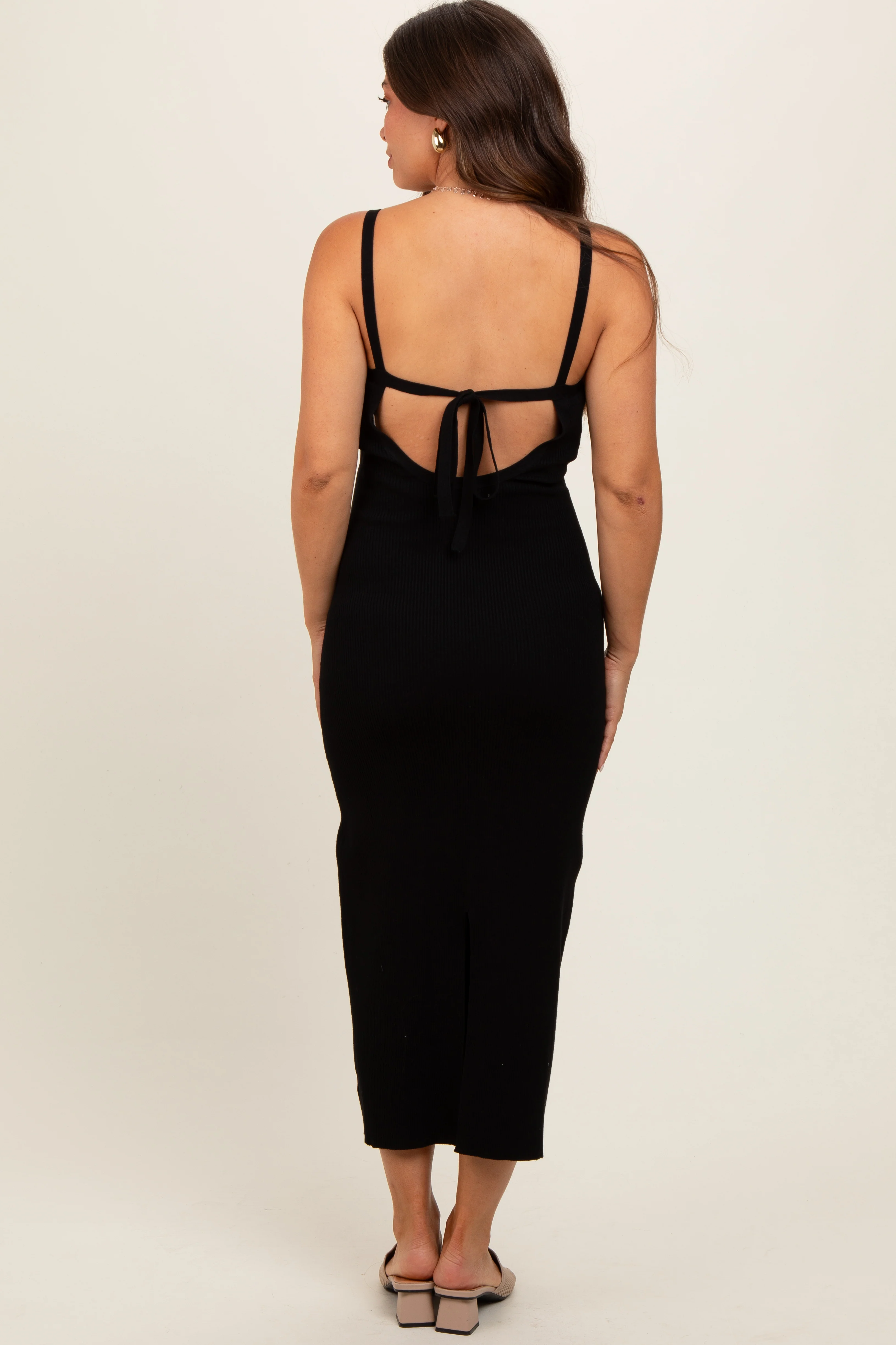 Black Knit Open Tie Back Maternity Midi Dress - Image 4