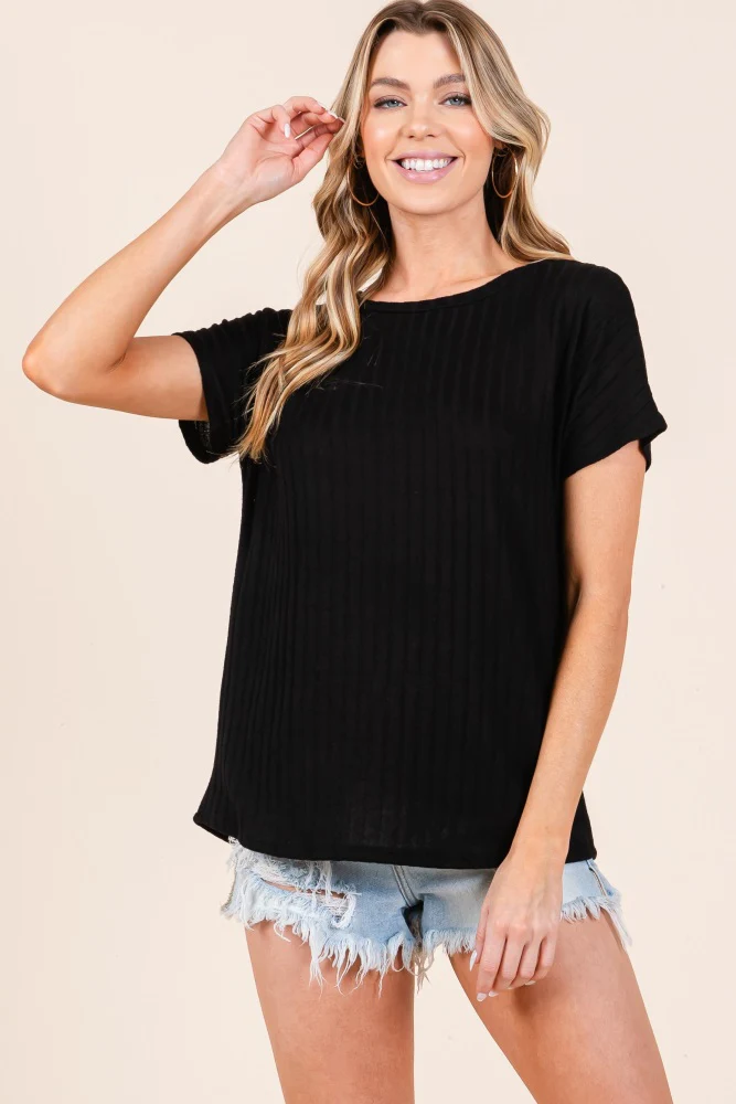 Black Knit Short Sleeve Top - Image 2