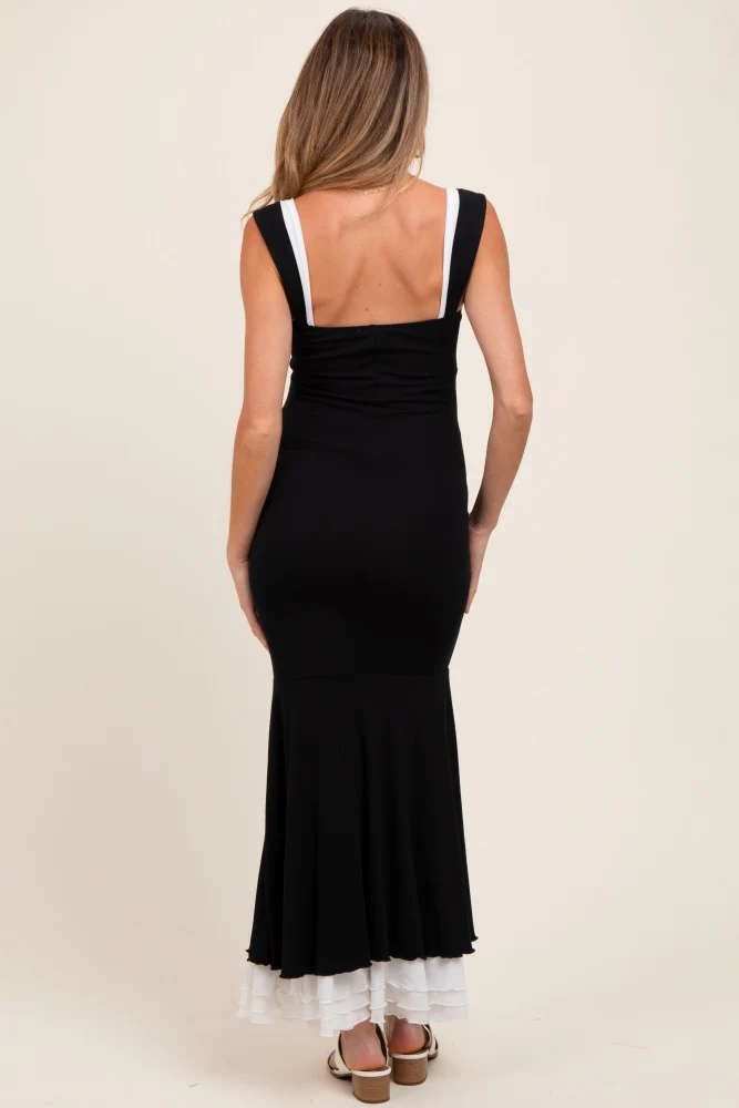Black Knit Tie Detail Sleeveless Mermaid Maxi Maternity Dress - Image 3