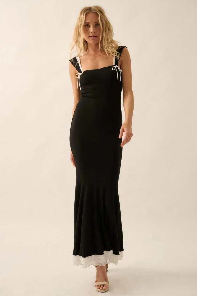 Black Knit Tie Detail Sleeveless Mermaid Maxi Maternity Dress - Image 4