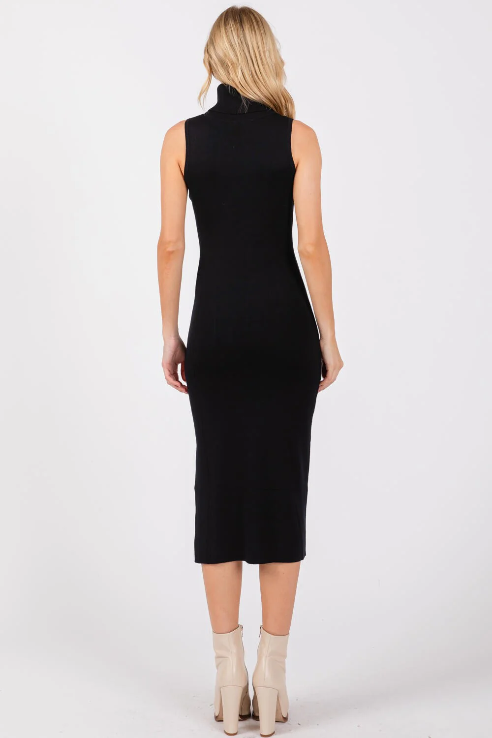 Black Knit Turtleneck Sleeveless Side Slit Midi Dress - Image 3