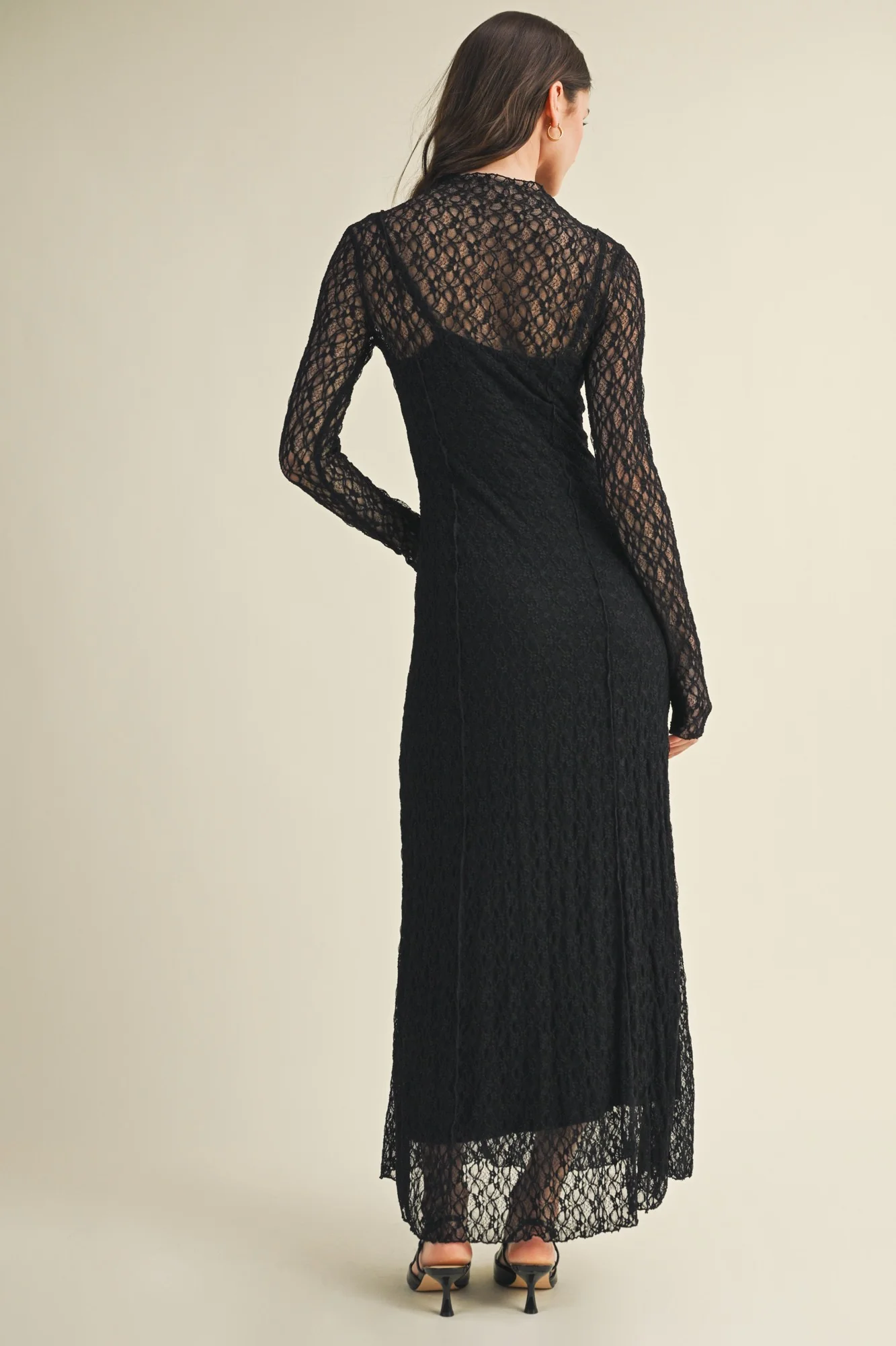 Black Lace Mock Neck Long Sleeve Maxi Dress - Image 4