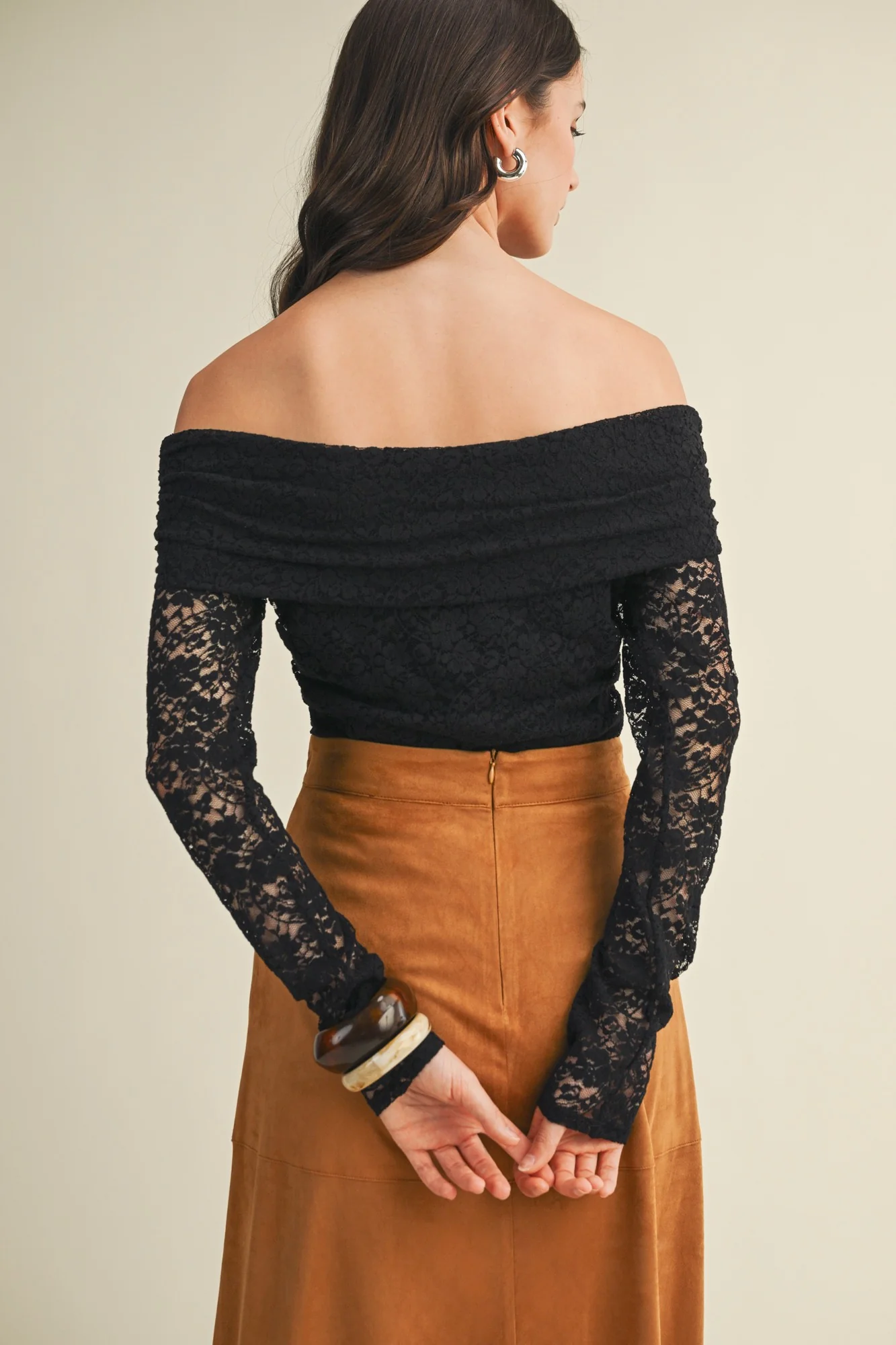 Black Lace Off Shoulder Long Sleeve Top - Image 4