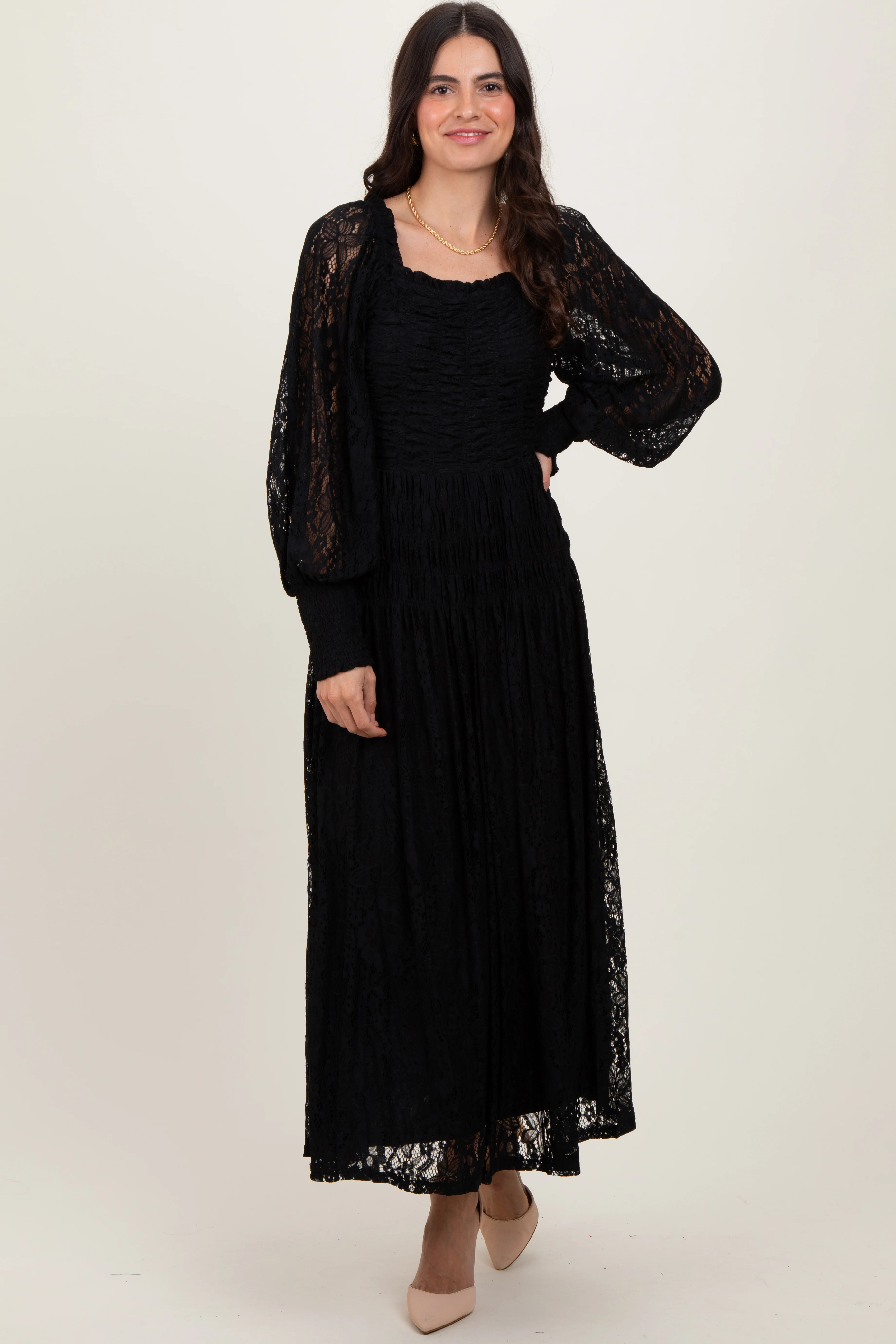 Black Lace Smocked Bubble Sleeve Maternity Maxi Dress - Image 4