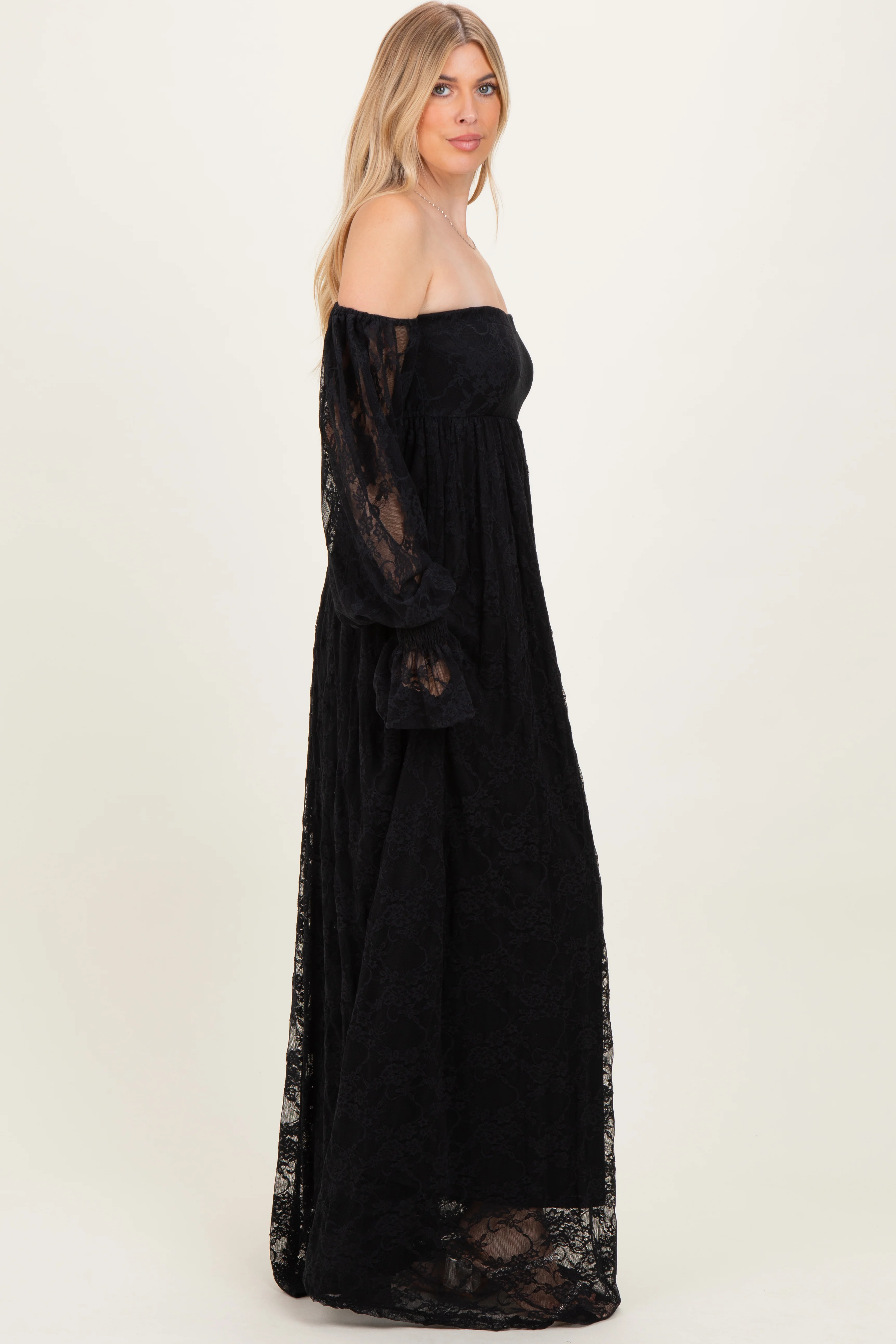 Black Lace Smocked Long Sleeve Off Shoulder Maxi Dress - Image 3