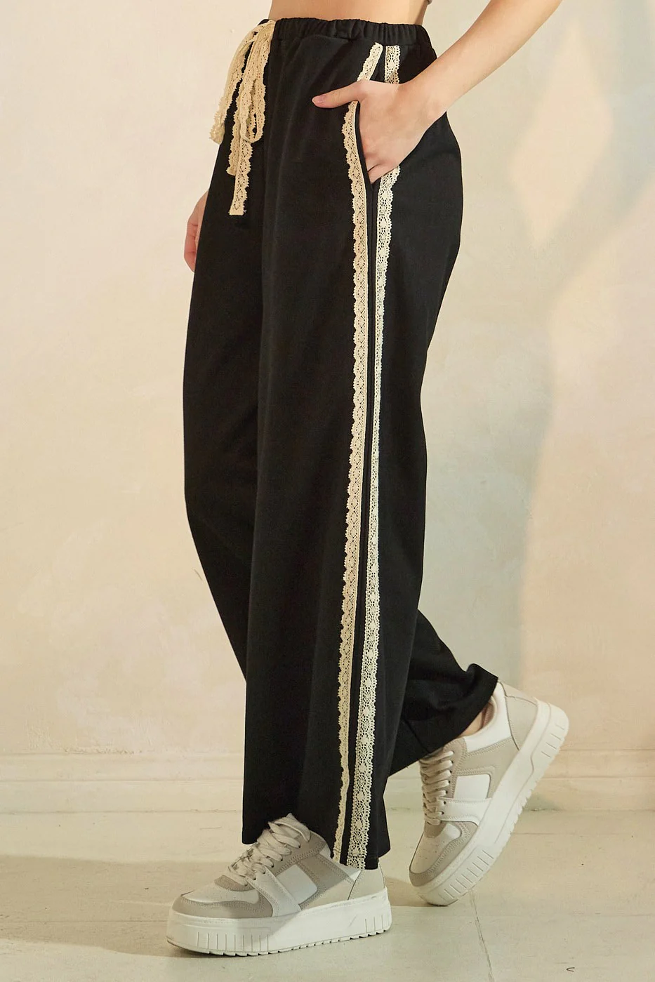 Black Lace Stripe Drawstring Lounge Pants - Image 3