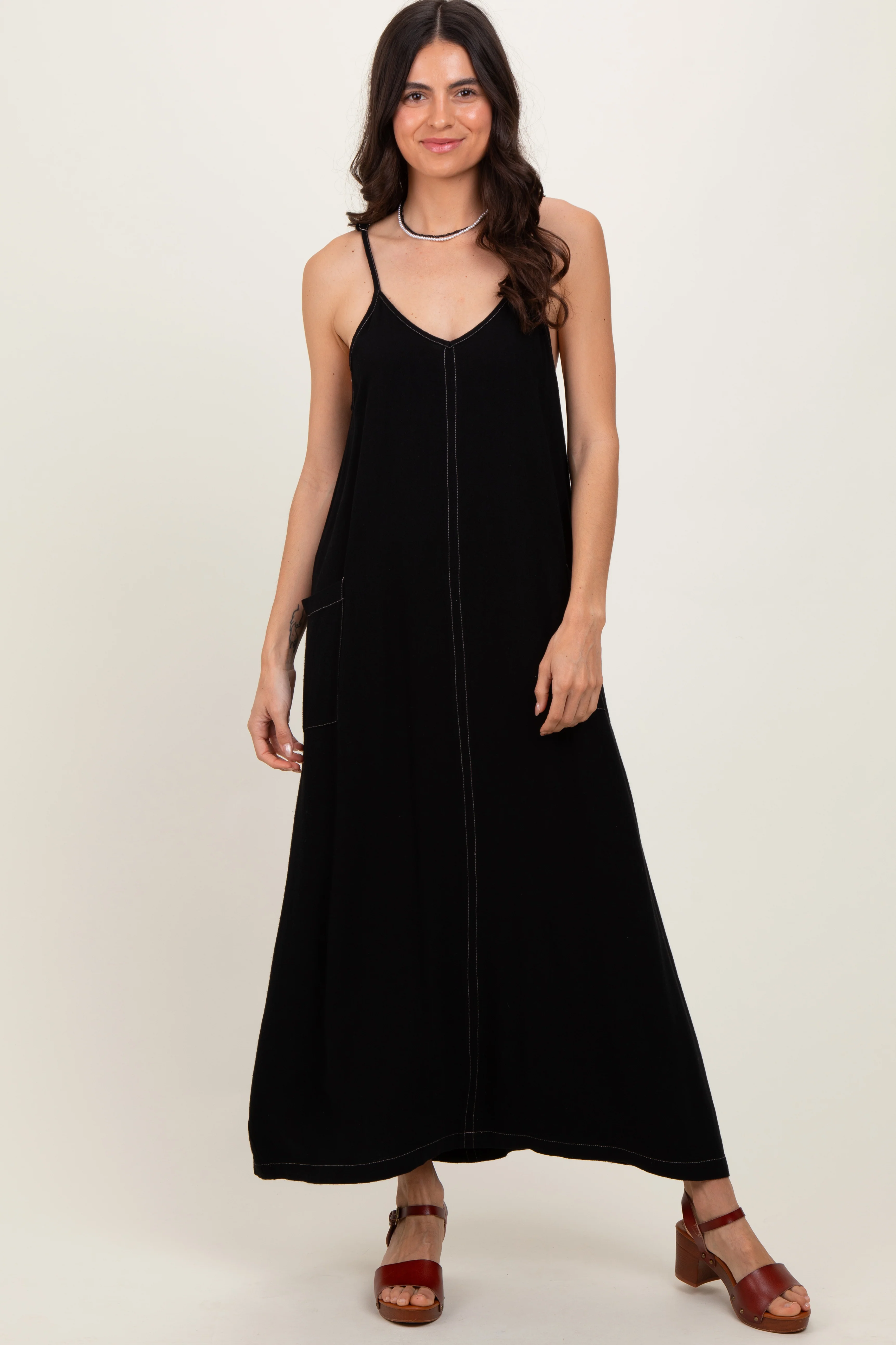 Black Linen Mixed Overall Maternity Midi Dress - Image 4