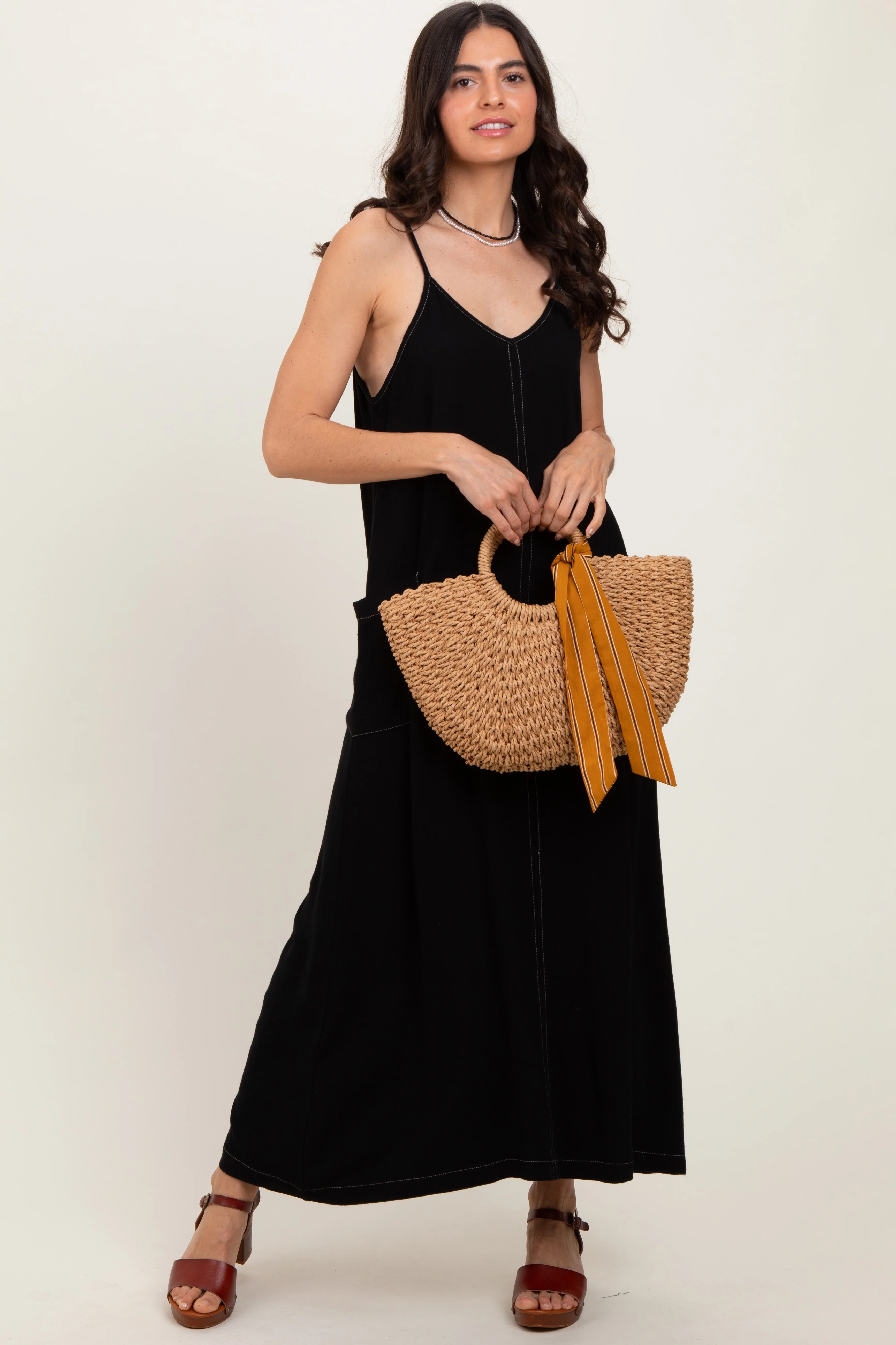 Black Linen Mixed Overall Midi Dress - Image 4