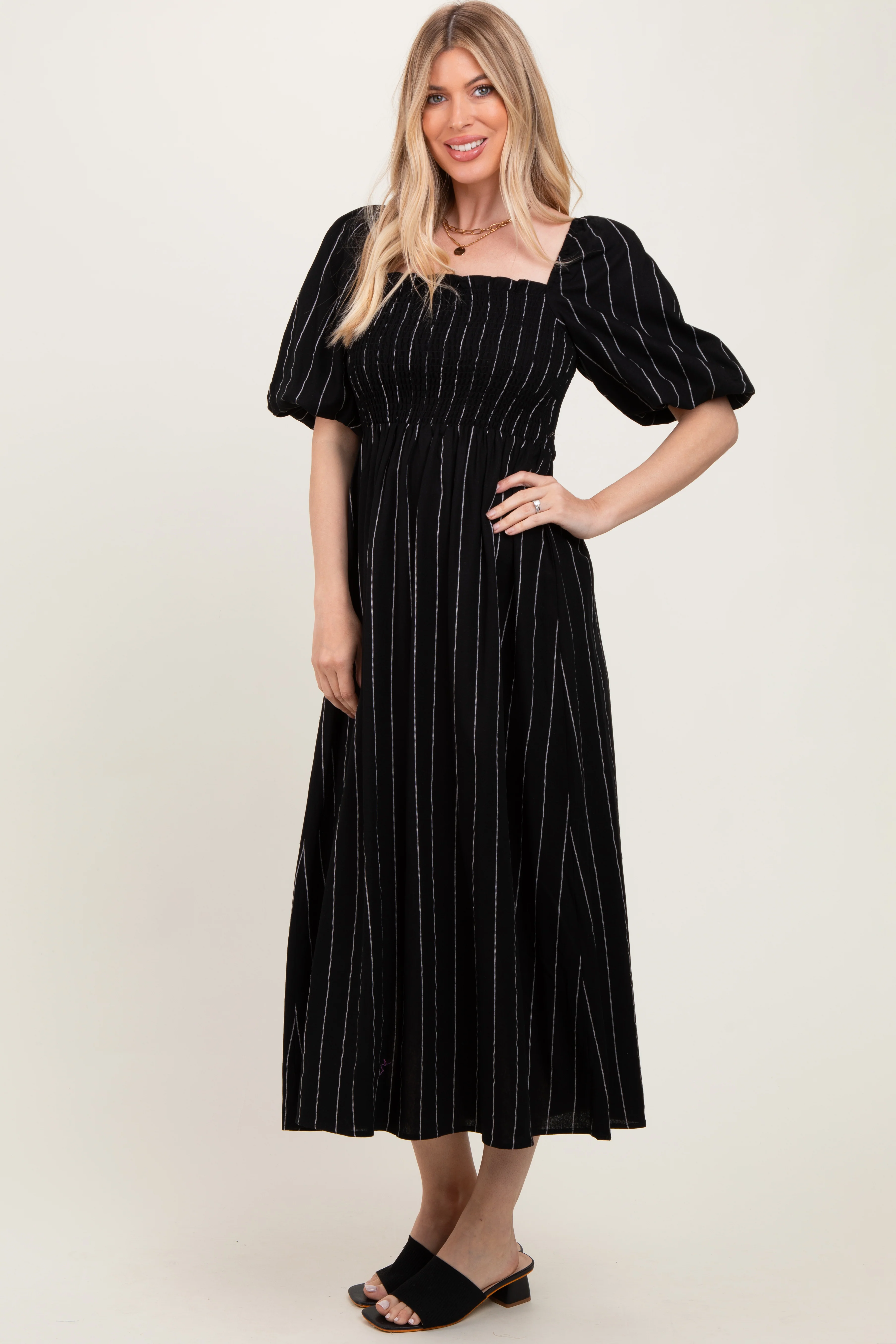 Black Linen Stripe Puff Sleeve Midi Dress - Image 3