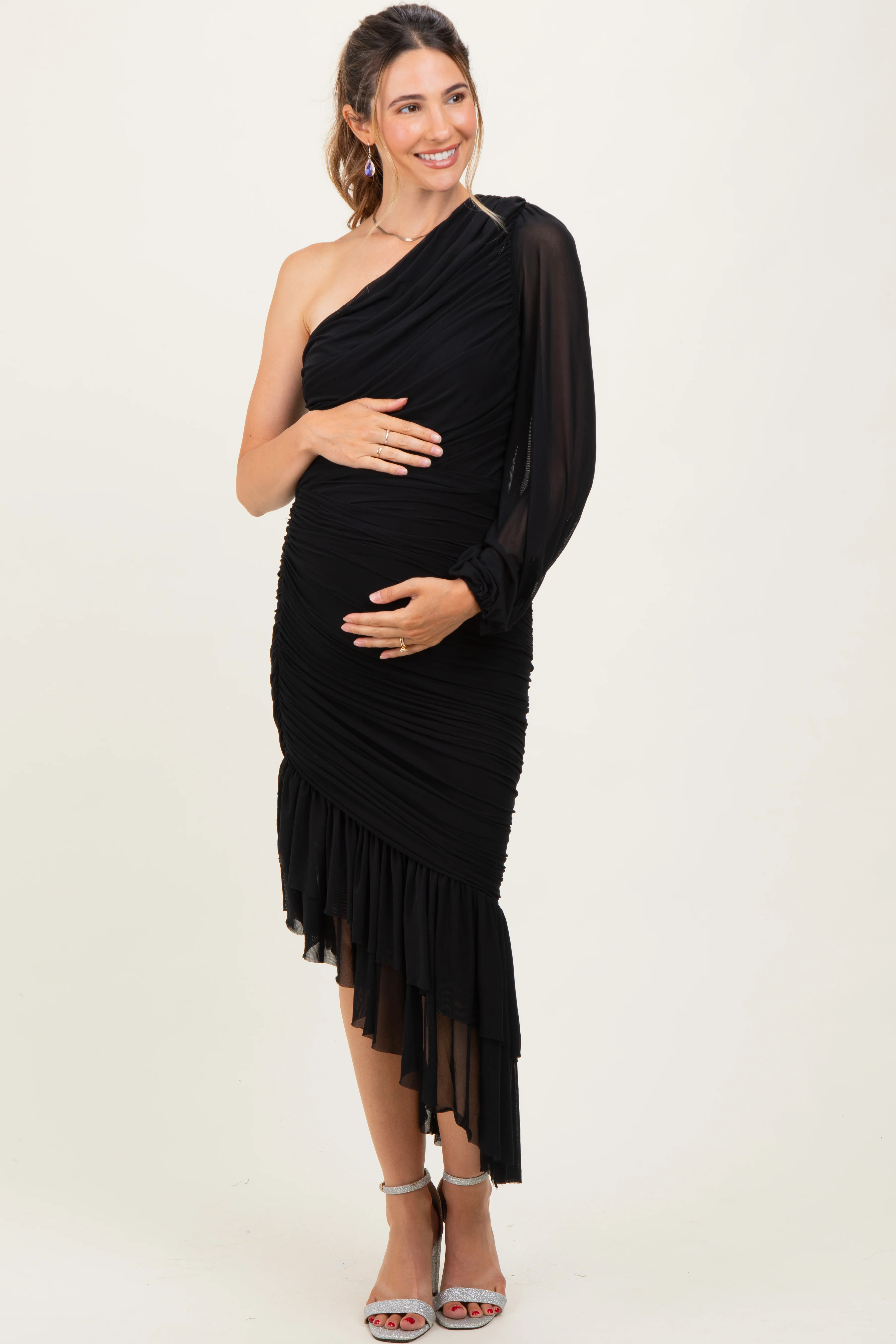 Black Mesh Ruched One Shoulder Asymmetric Maternity Dress - Image 2