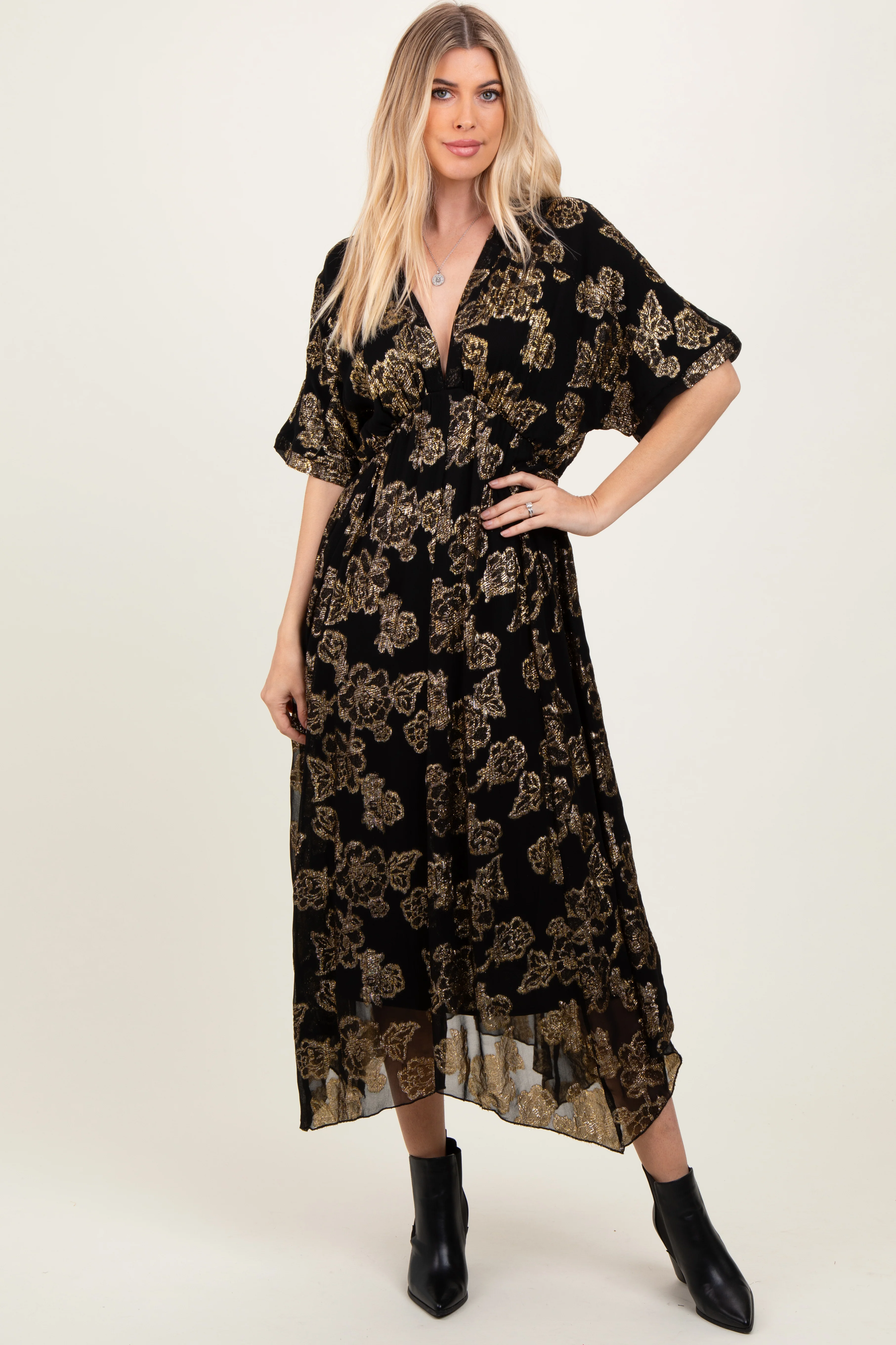 Black Metallic Floral Jacquard Overlay Maternity Maxi Dress - Image 5