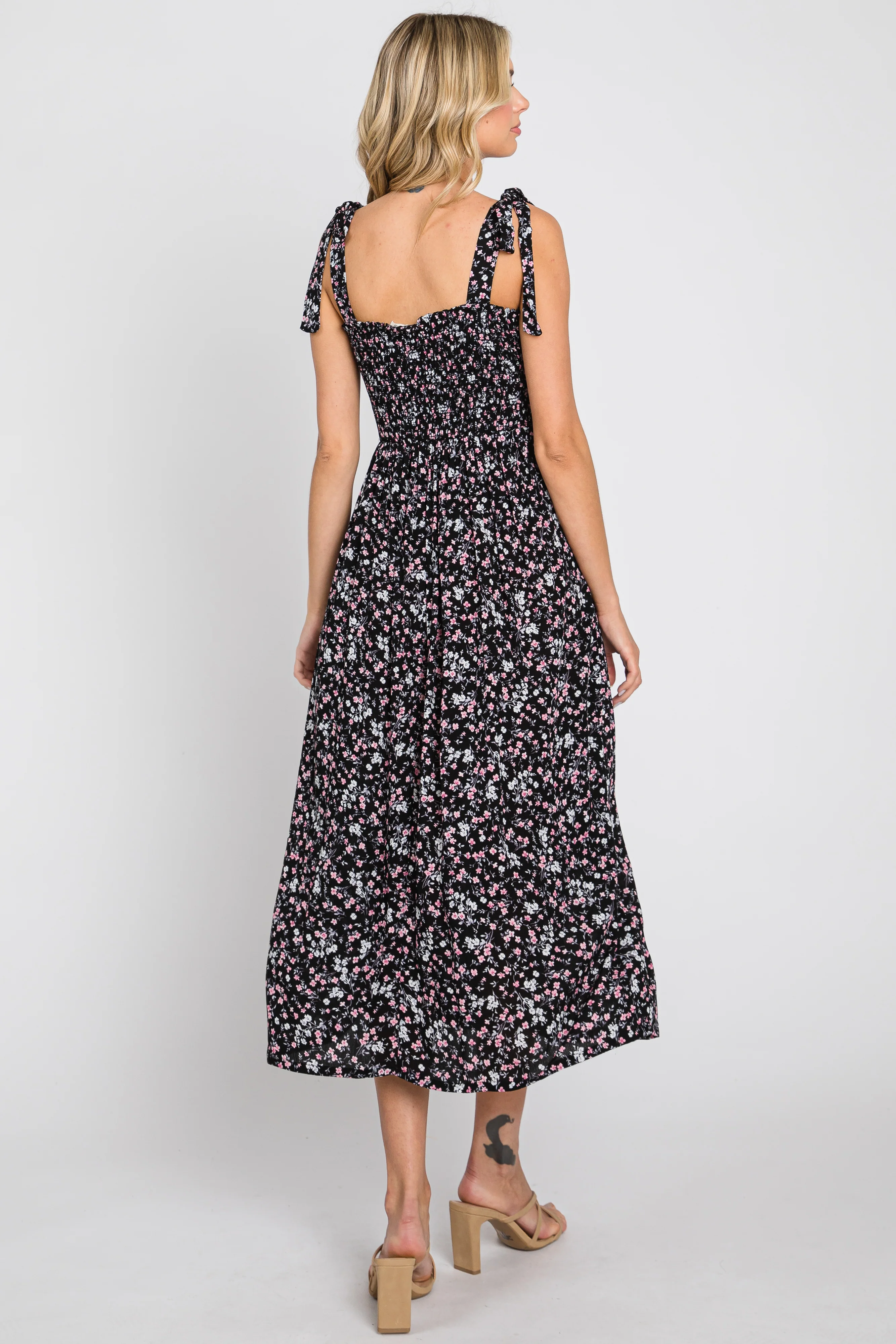 Black Micro Floral Smocked Dress - Image 3