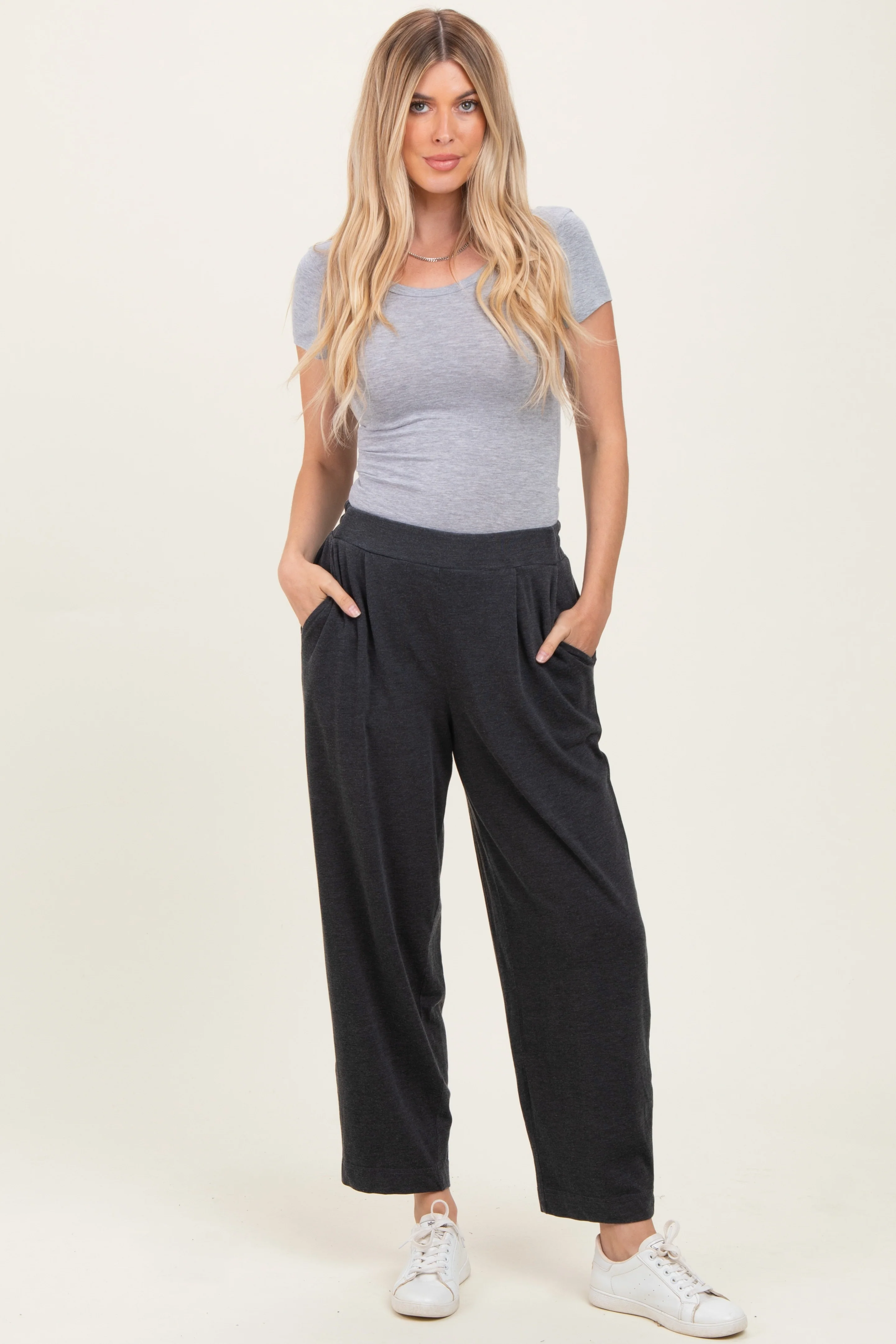 Black Mineral Wash Pleated Maternity Lounge Pants - Image 5
