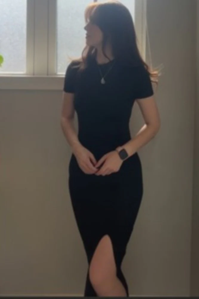 Black Mock Neck Front Slit Short Sleeve Maxi Dress - Image 5
