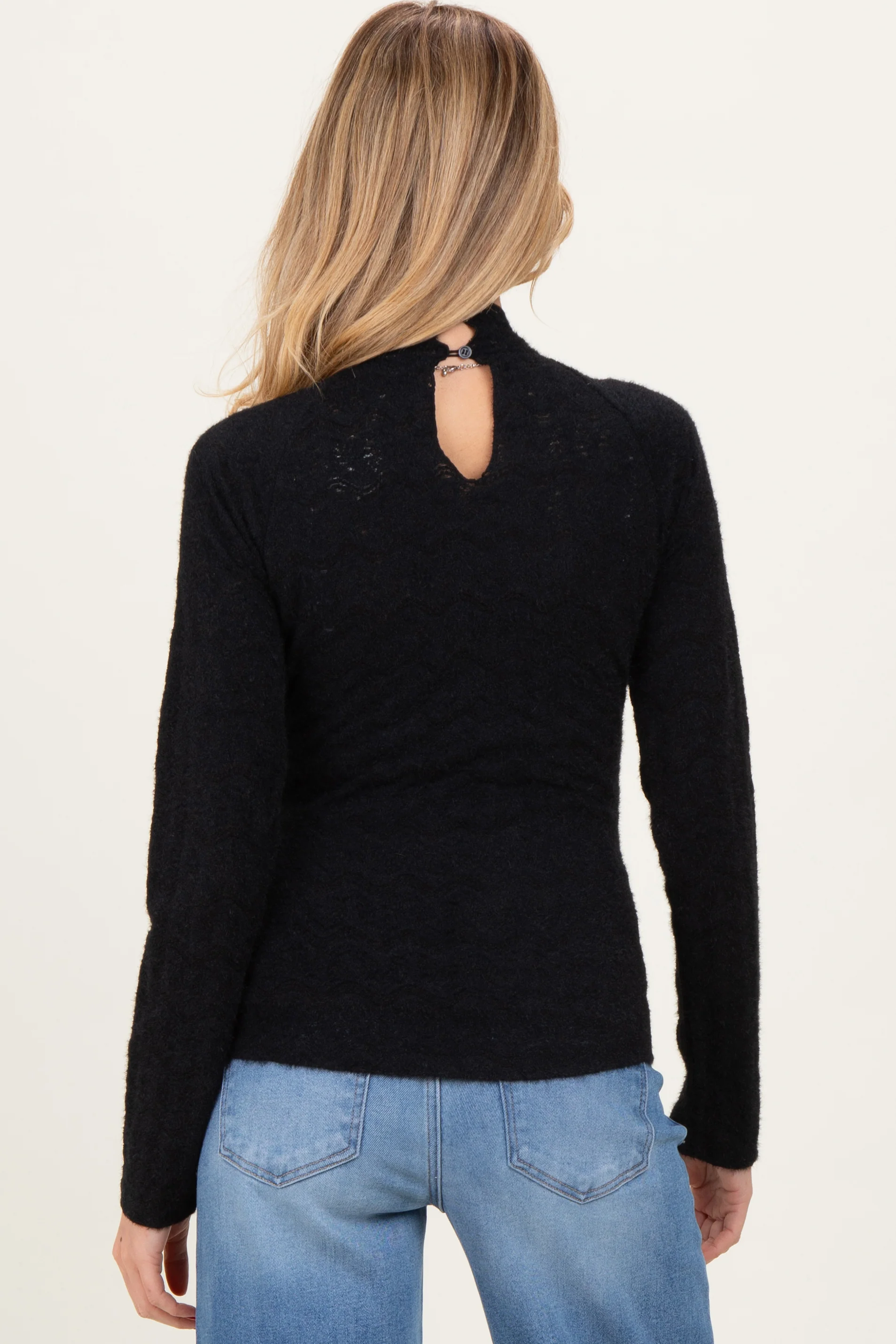 Black Mock Neck Long Sleeve Brushed Lace Maternity Top - Image 4