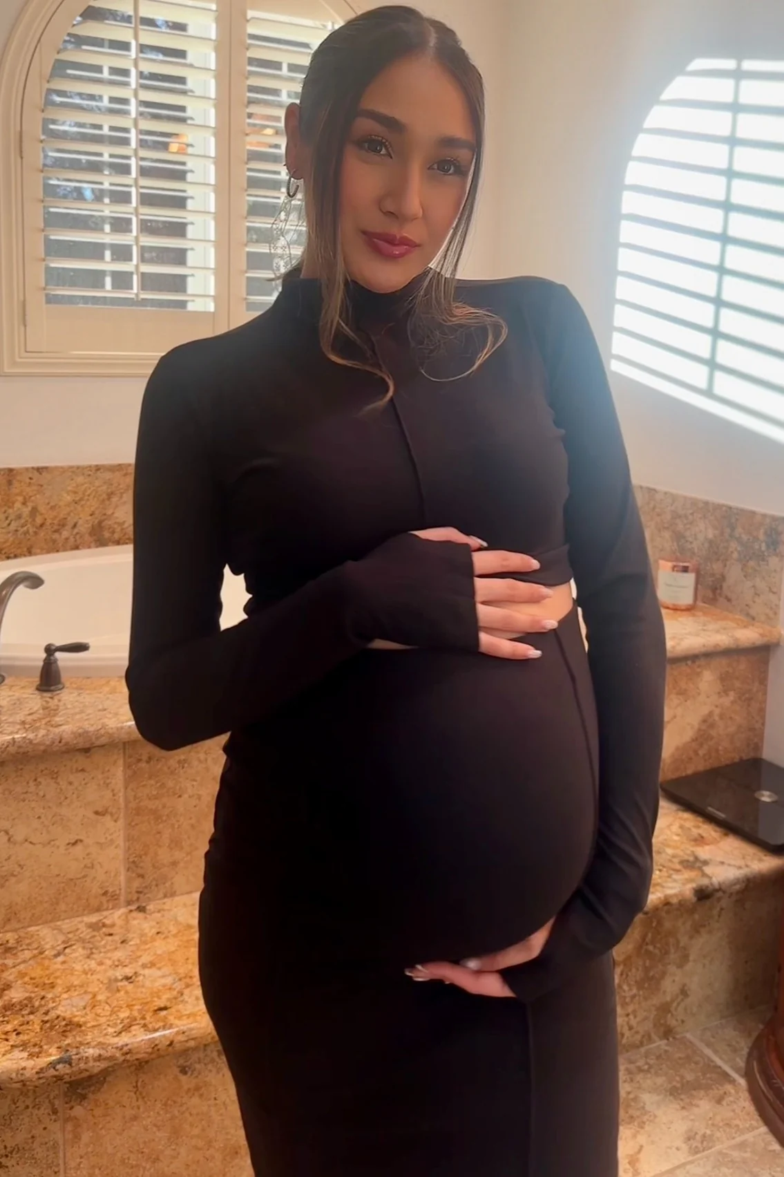 Black Mock Neck Long Sleeve Crop Maternity Midi Skirt Set - Image 3