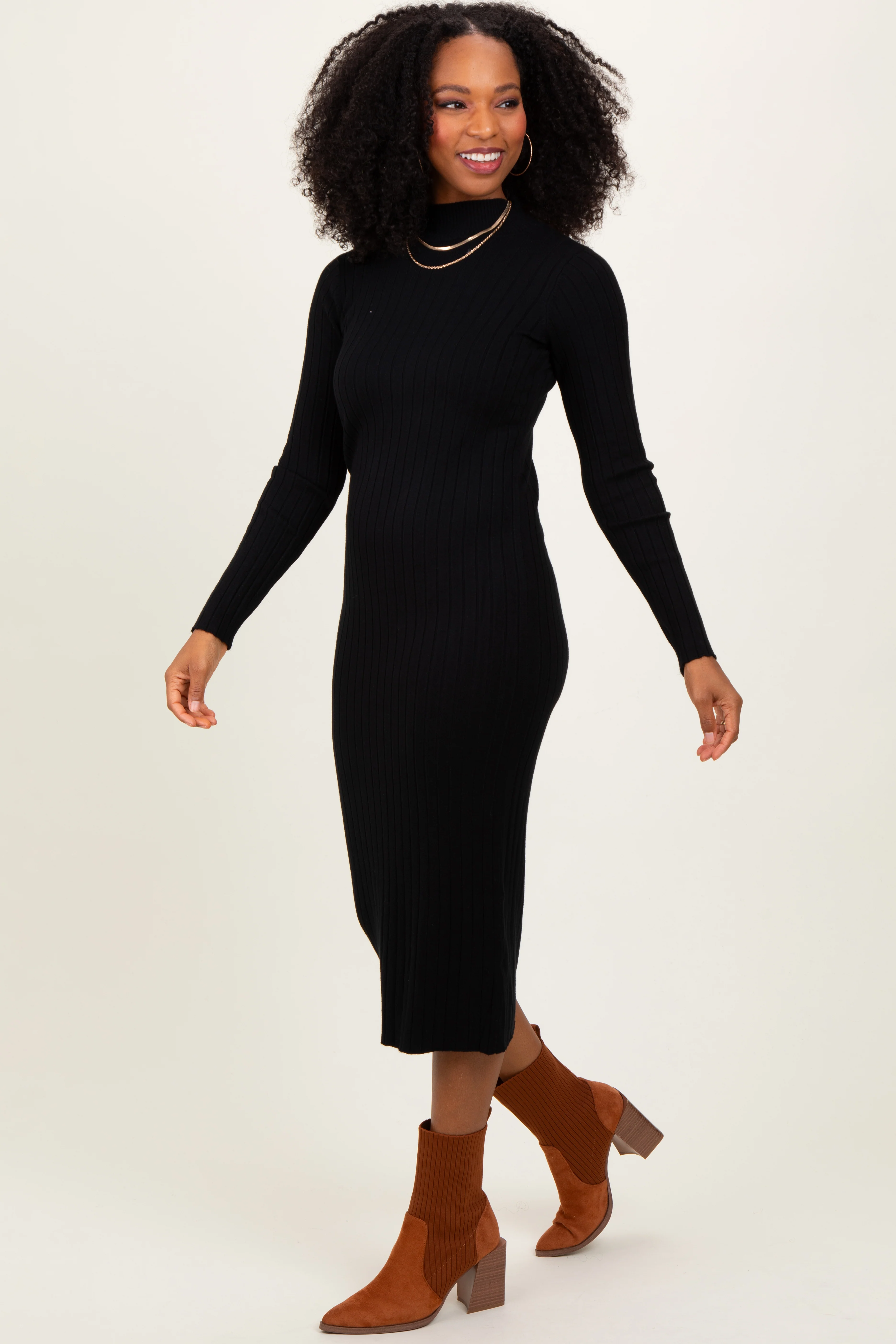 Black Mock Neck Ribbed Sweater Dress - Image 3