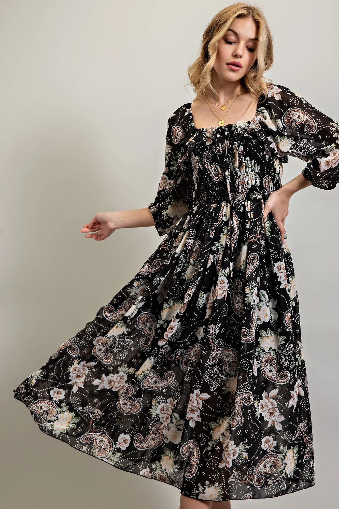 Black Multi Floral Chiffone Print Midi Dress - Image 4