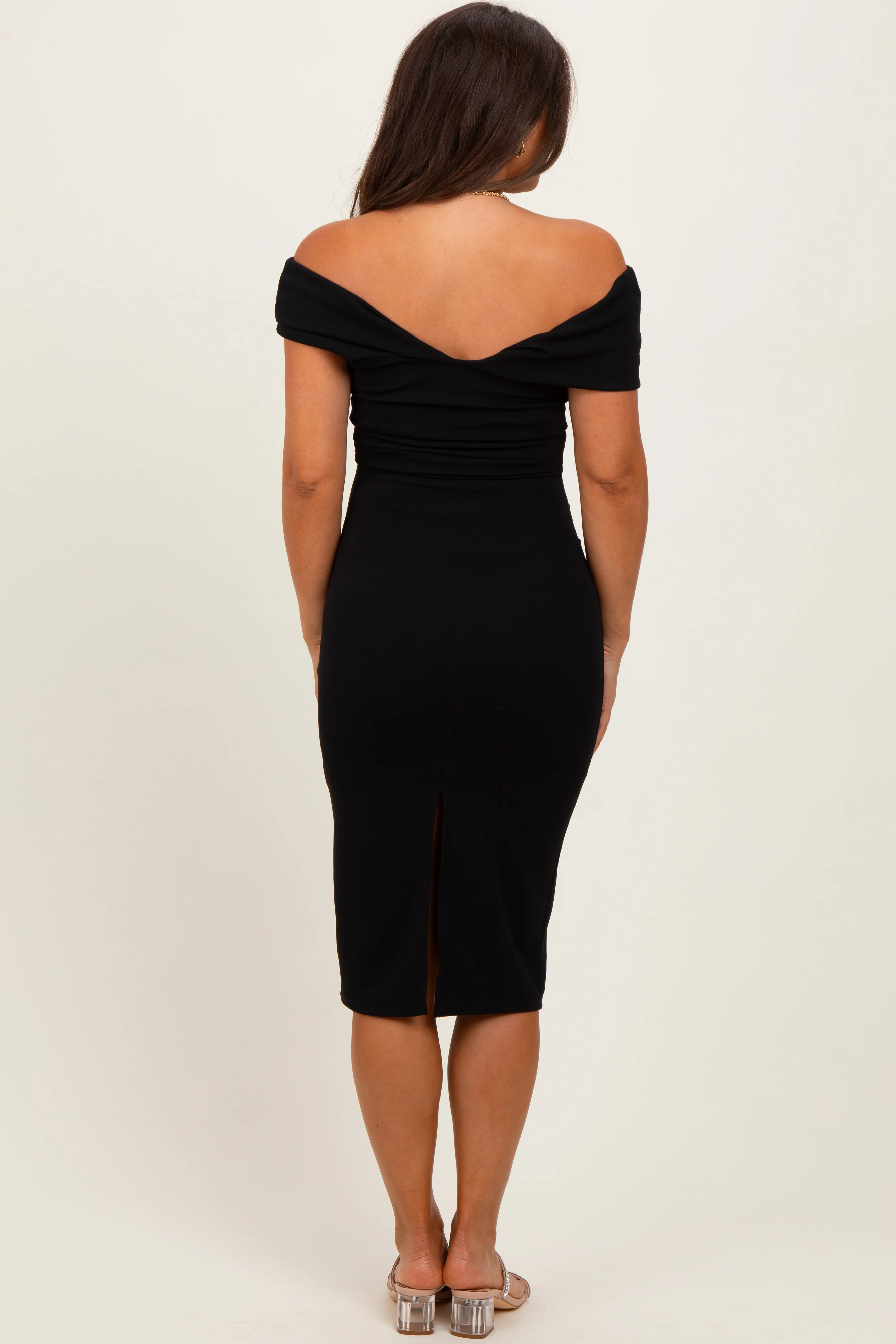 Black Off Shoulder Fitted Maternity Midi Dress - Image 4