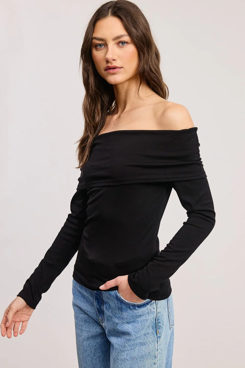 Black Off Shoulder Foldover Long Sleeve Top - Image 3
