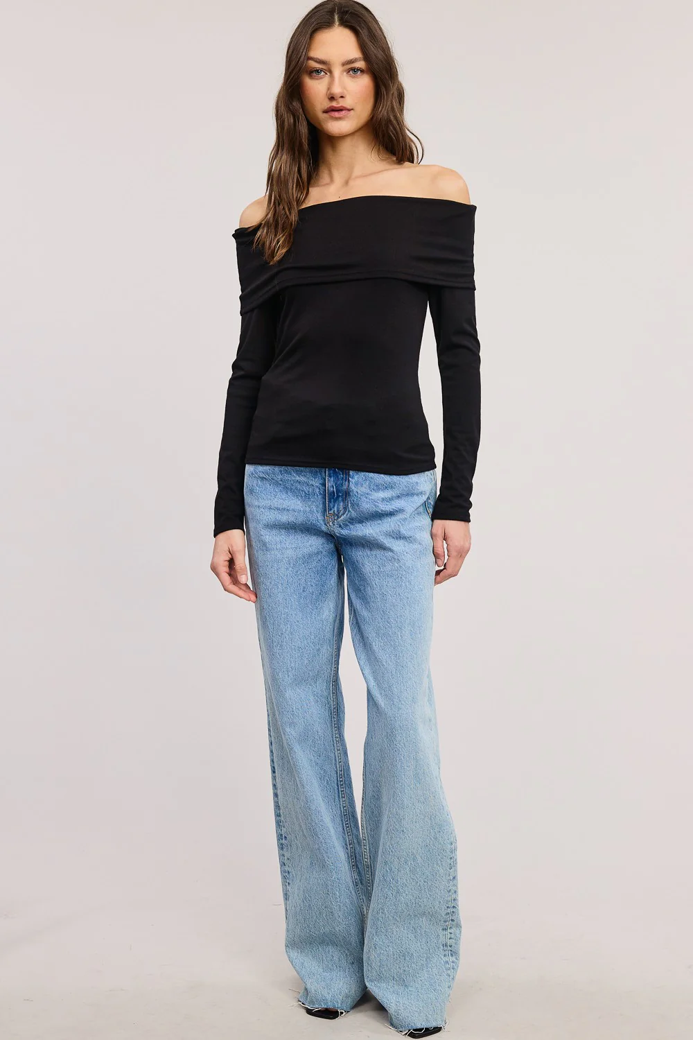 Black Off Shoulder Foldover Long Sleeve Top - Image 4
