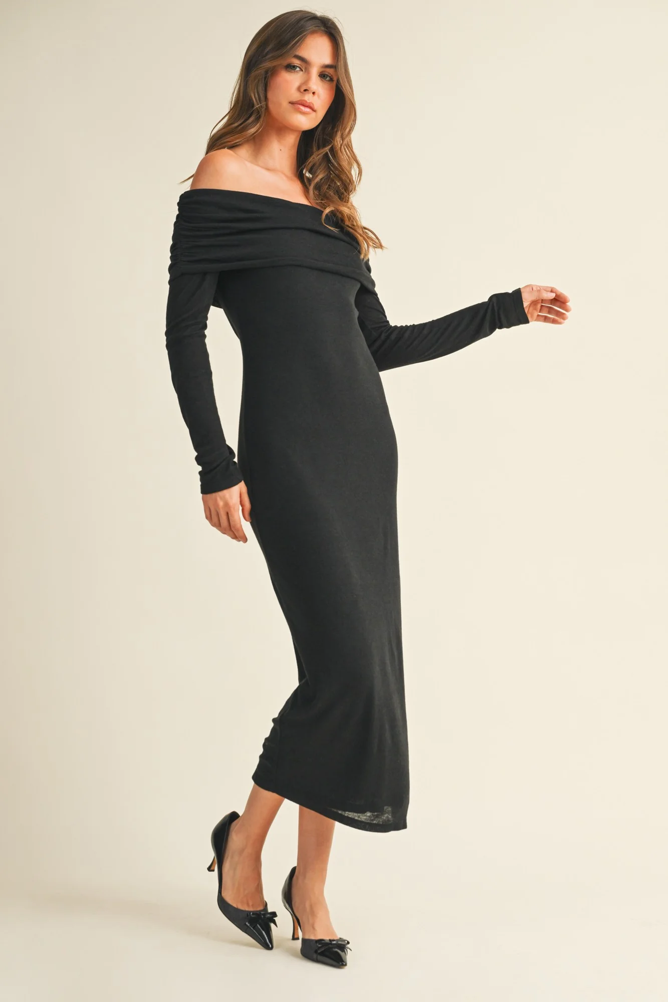 Black Off Shoulder Long Sleeve Maxi Dress - Image 2
