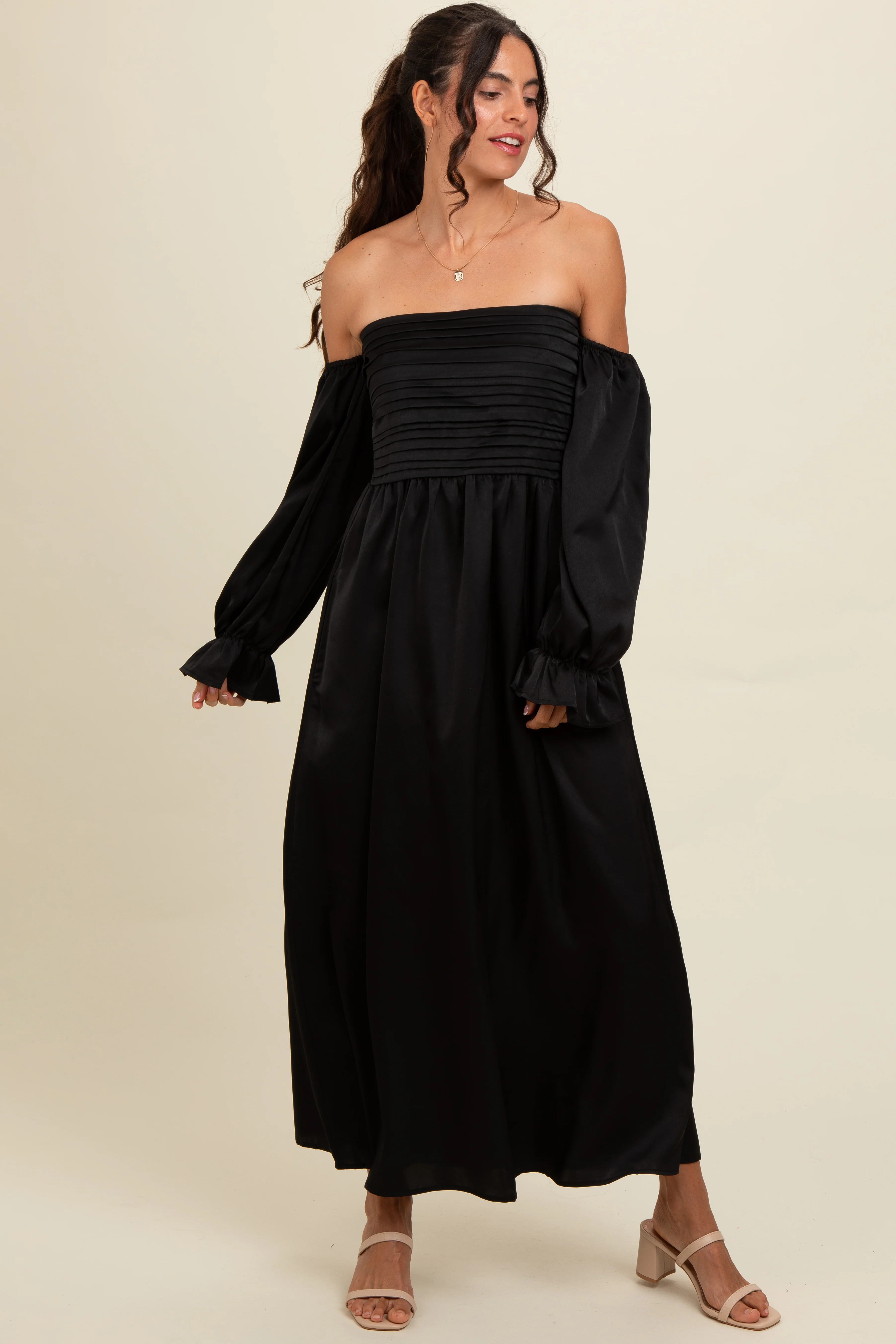 Black Off Shoulder Satin Pleated Bodice Maternity Maxi Dress - Image 4